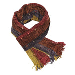 Purple, Cinnamon, Red, Coffee and Gold Stripes with Ornamental Yarn and Space - Dyed Autumn Warp Bamboo Chenille Handwoven Scarf 8 x 68 - A Thread of Hope Guatemalan Fair Trade