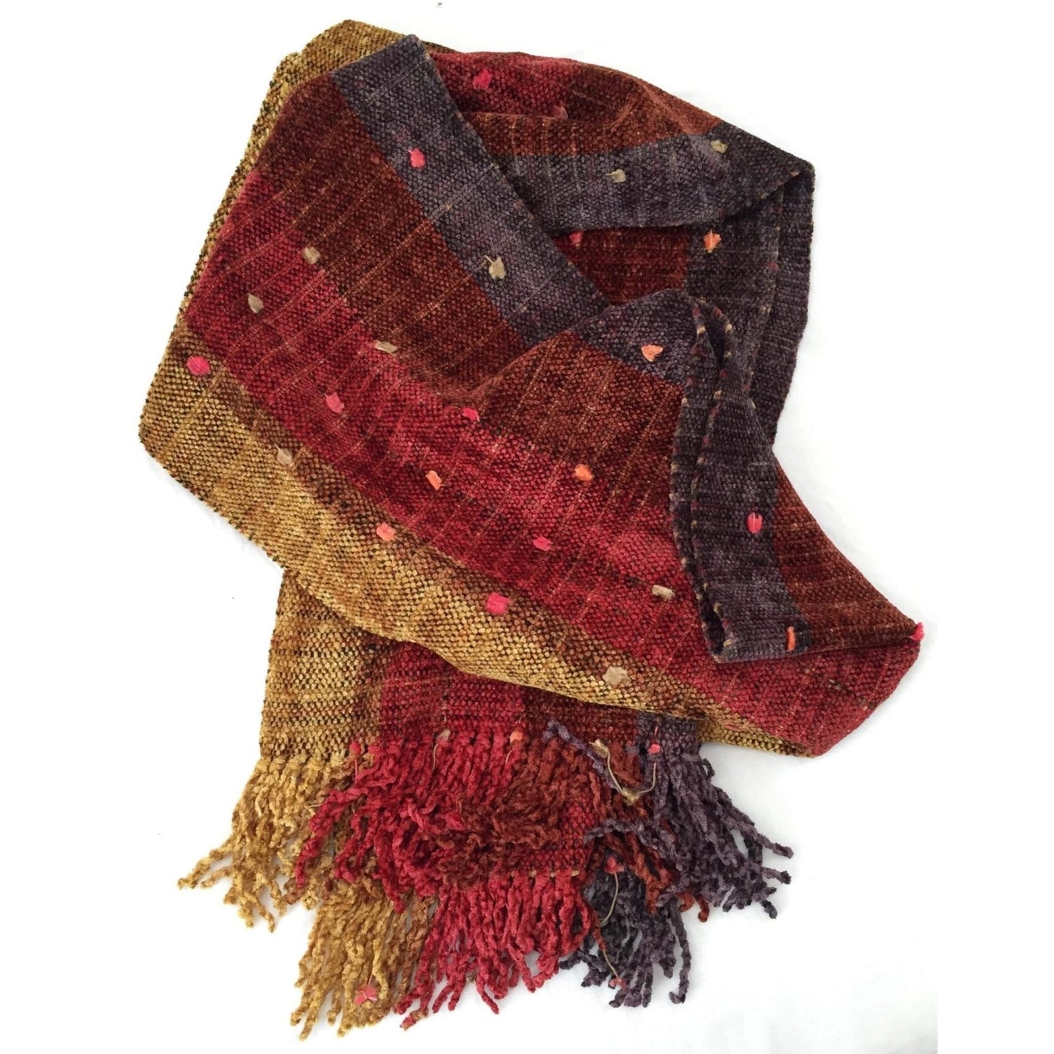 Purple, Cinnamon, Red, Coffee and Gold Stripes with Ornamental Yarn and Space - Dyed Autumn Warp Bamboo Chenille Handwoven Scarf 8 x 68 - A Thread of Hope Guatemalan Fair Trade