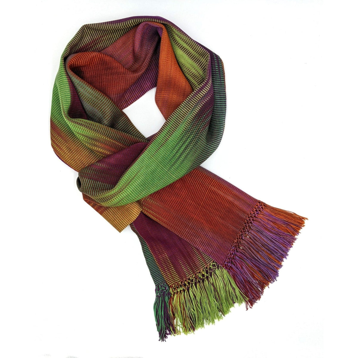 Purple, Green, Orange and Gold Lightweight Bamboo Handwoven Scarf 8 x 68 - A Thread of Hope Guatemalan Fair Trade