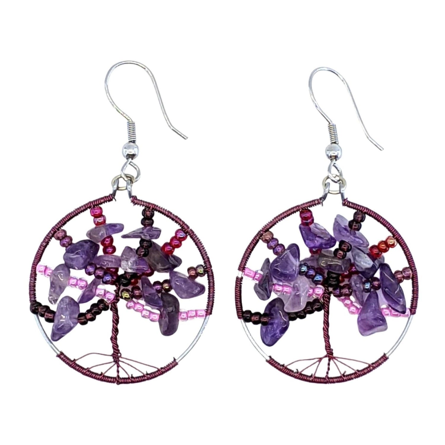 Purples with Pink Tree of Life Beaded Earrings - A Thread of Hope Guatemalan Fair Trade