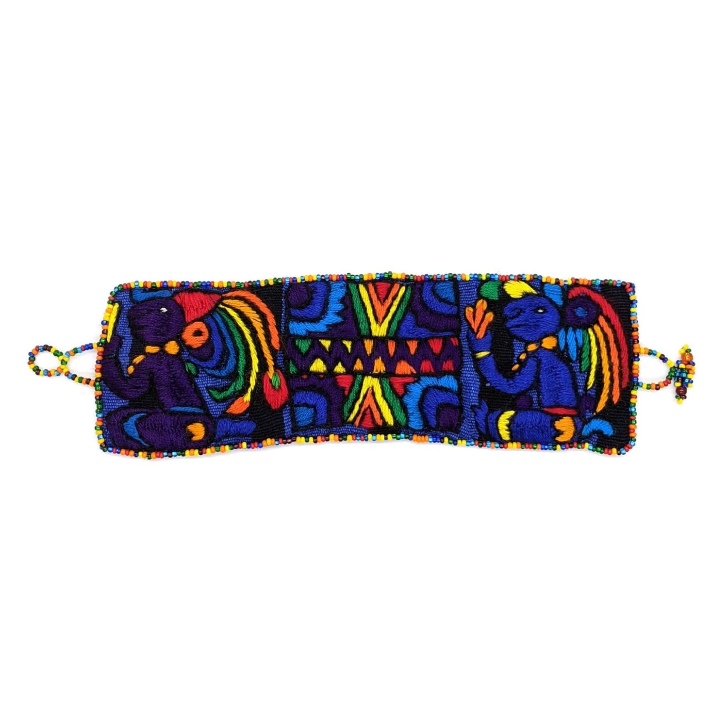 Rainbow Maya Gods and Symbols Hand - Embroidered Bracelet with Glass Beads Closure - A Thread of Hope Guatemalan Fair Trade