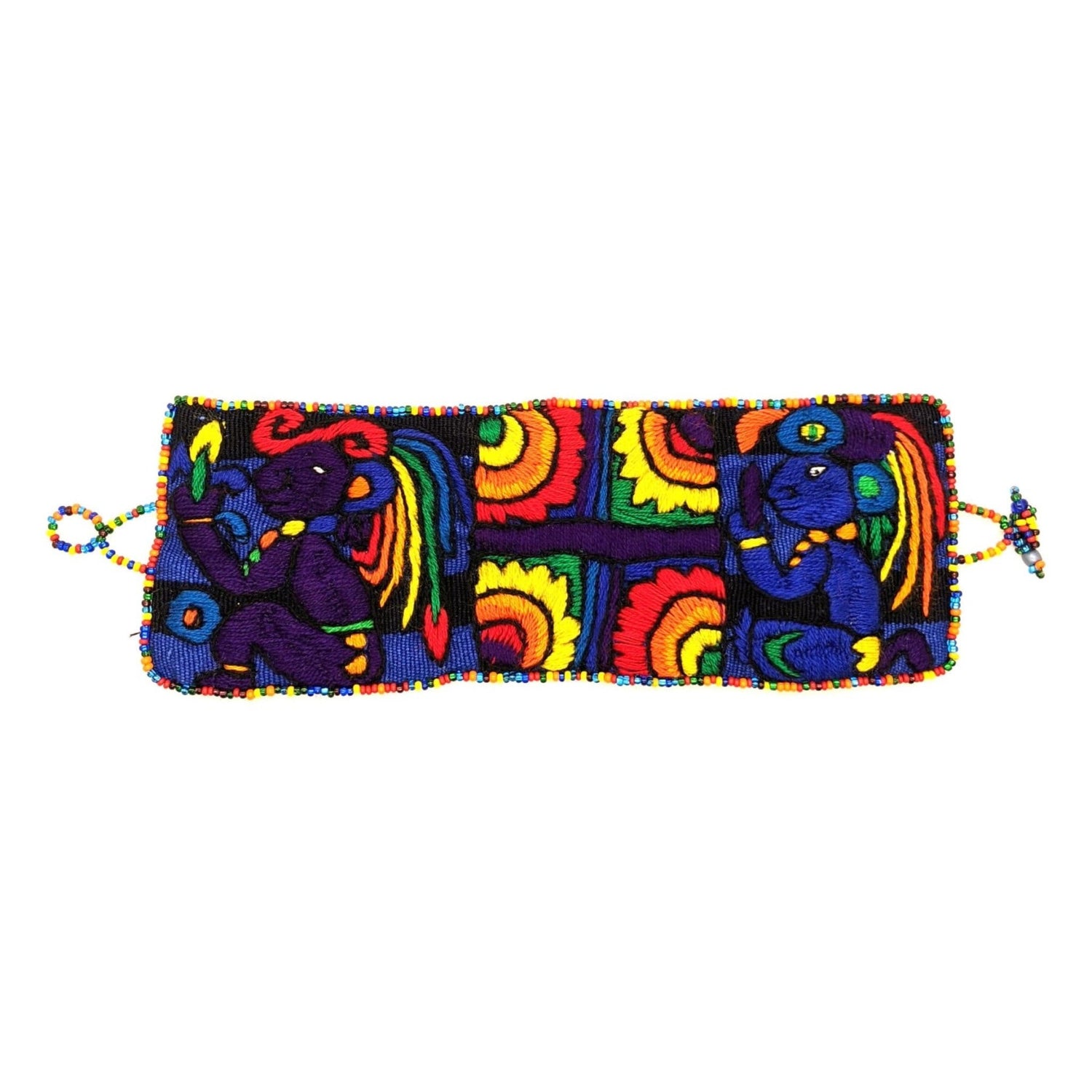 Rainbow Maya Gods and Symbols Hand - Embroidered Bracelet with Glass Beads Closure - A Thread of Hope Guatemalan Fair Trade