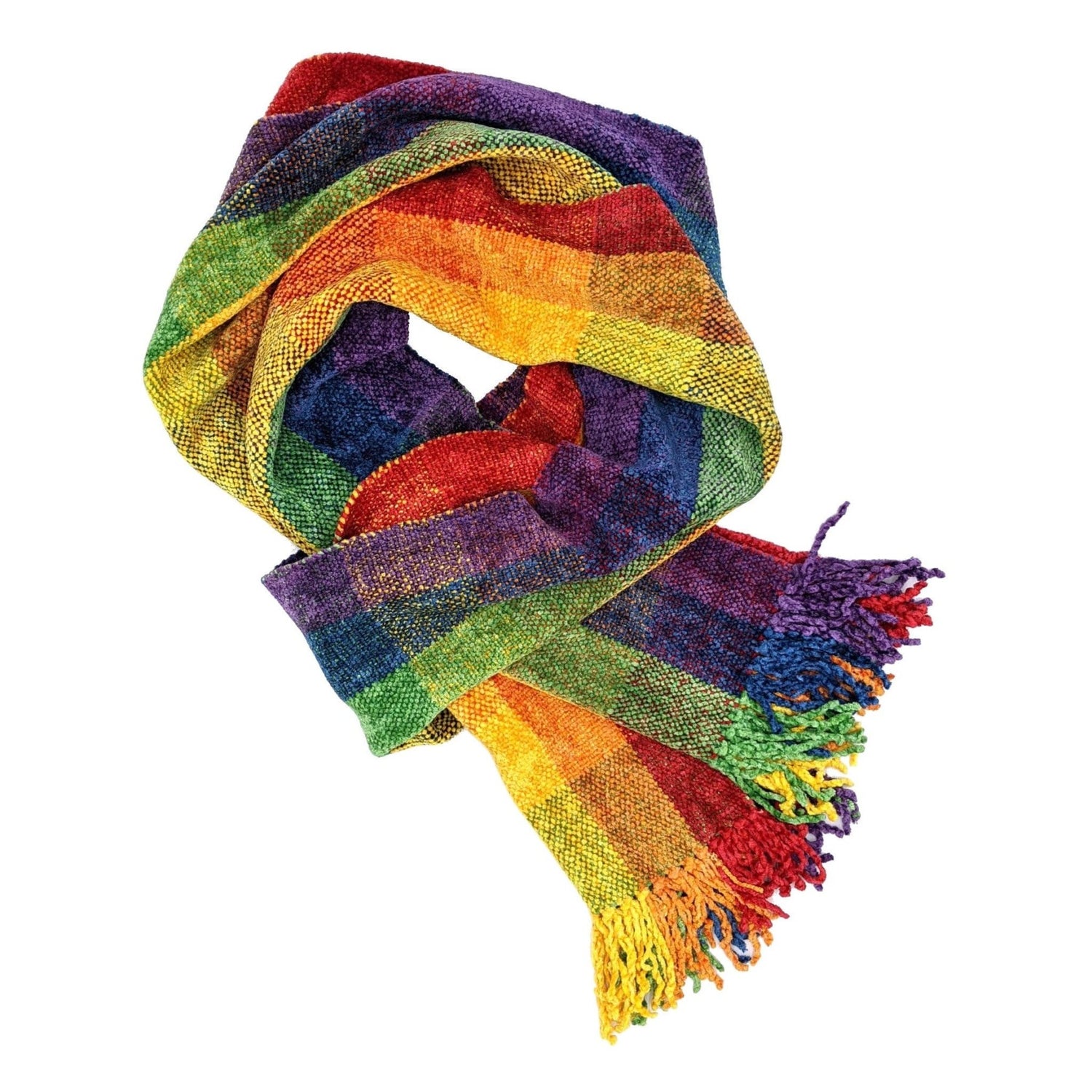 Rainbow Plaid Bamboo Chenille Handwoven Scarf 8 x 68 - A Thread of Hope Guatemalan Fair Trade