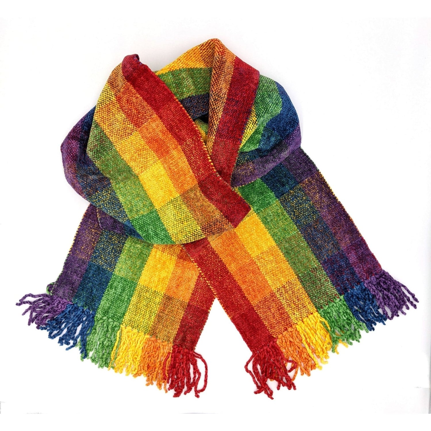 Rainbow Plaid Bamboo Chenille Handwoven Scarf 8 x 68 - A Thread of Hope Guatemalan Fair Trade