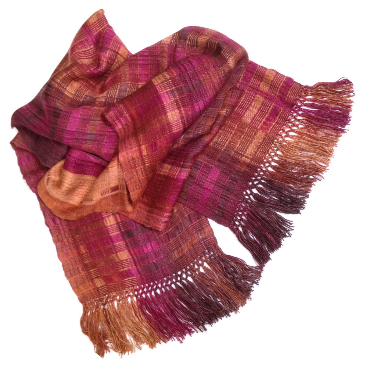 Raspberry and Apricot Lightweight Bamboo Open - Weave Handwoven Scarf 8 x 68 - A Thread of Hope Guatemalan Fair Trade