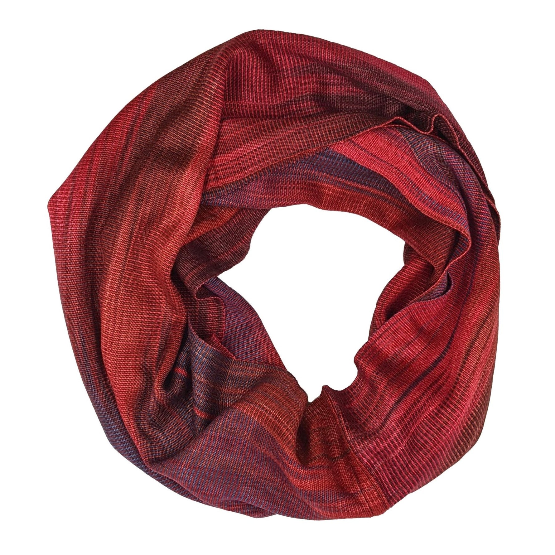 Red, Blue and Coffee Lightweight Bamboo Handwoven Infinity Scarf 11 x 68 - A Thread of Hope Guatemalan Fair Trade