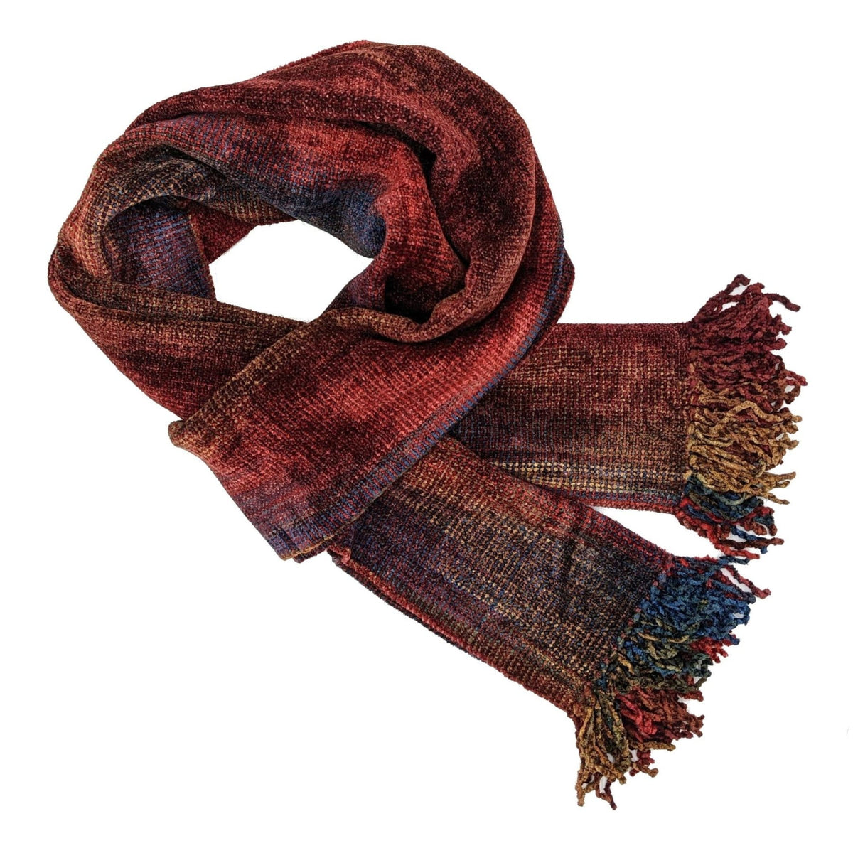 Red, Blue and Light Coffee Bamboo Chenille Handwoven Scarf 8 x 68 - A Thread of Hope Guatemalan Fair Trade