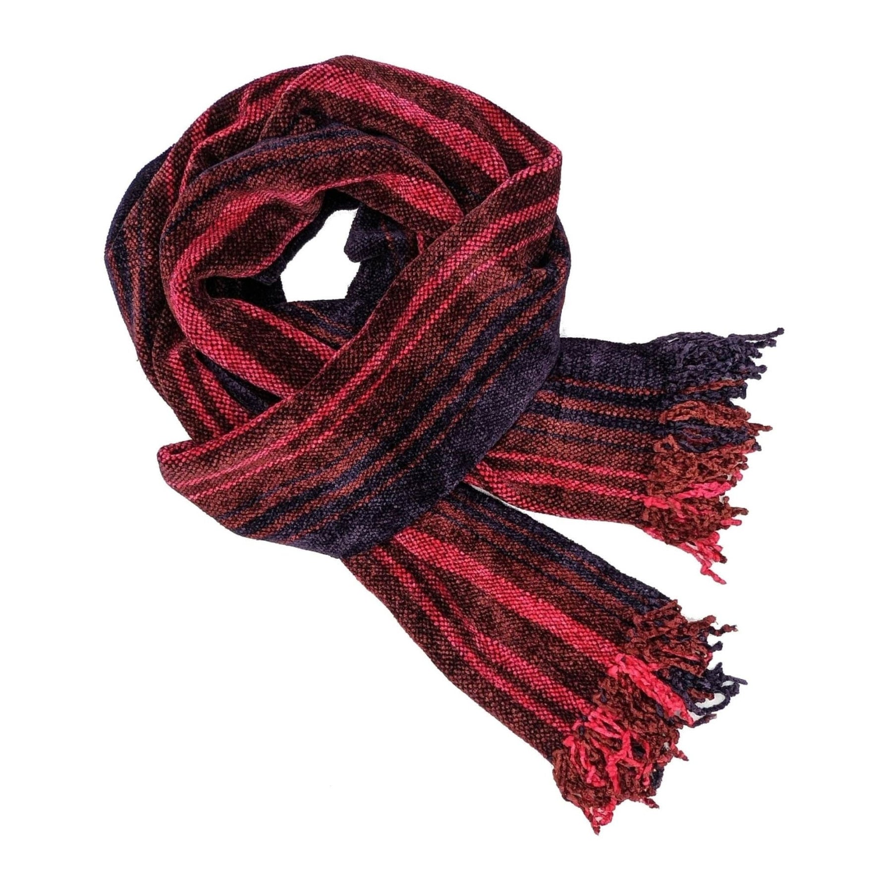 Red, Blue and Purple Progressive - Weave Striped Bamboo Chenille Handwoven Scarf 8 x 68 - A Thread of Hope Guatemalan Fair Trade