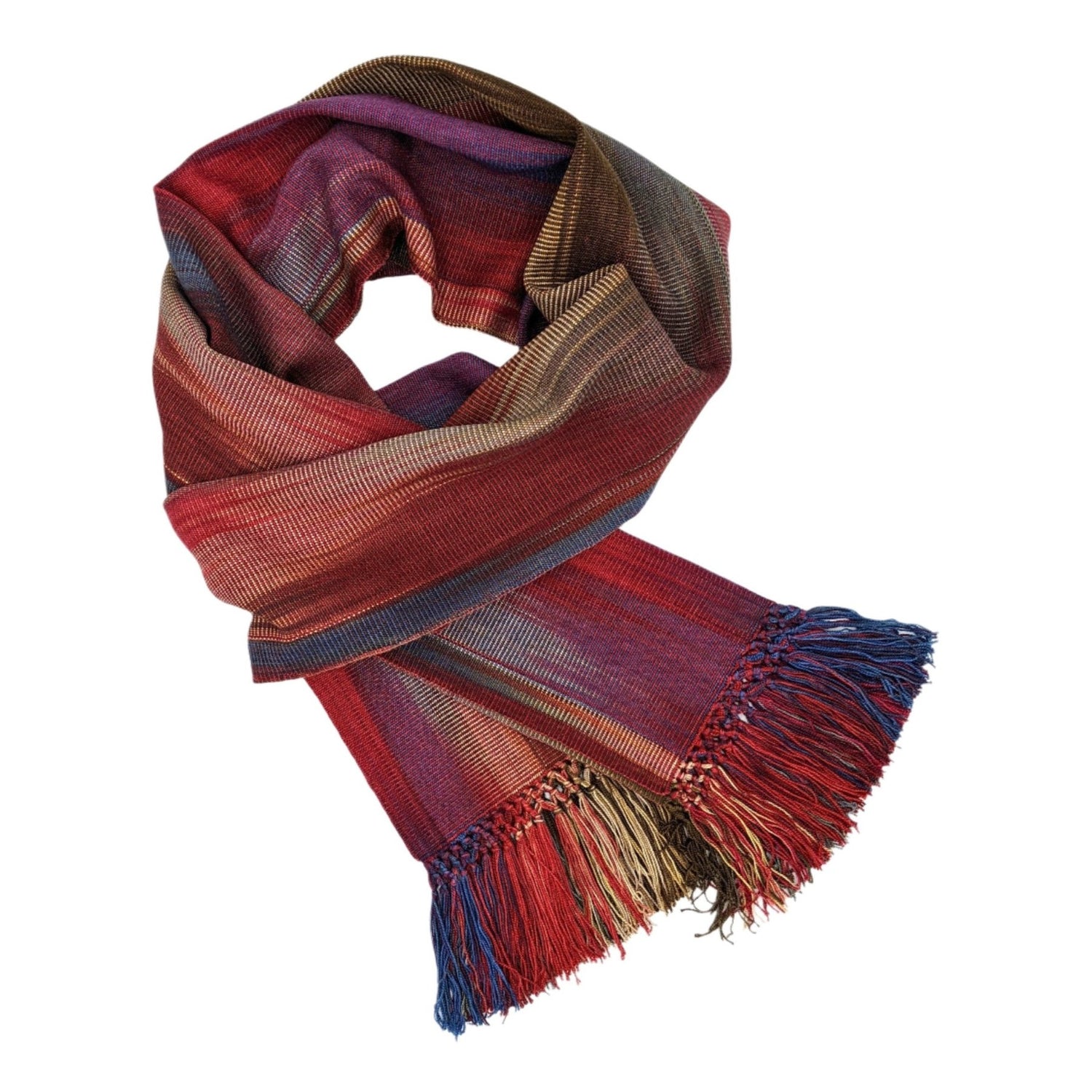 Red, Blue, Cream and Brown Lightweight Bamboo Handwoven Scarf 8 x 68 - A Thread of Hope Guatemalan Fair Trade