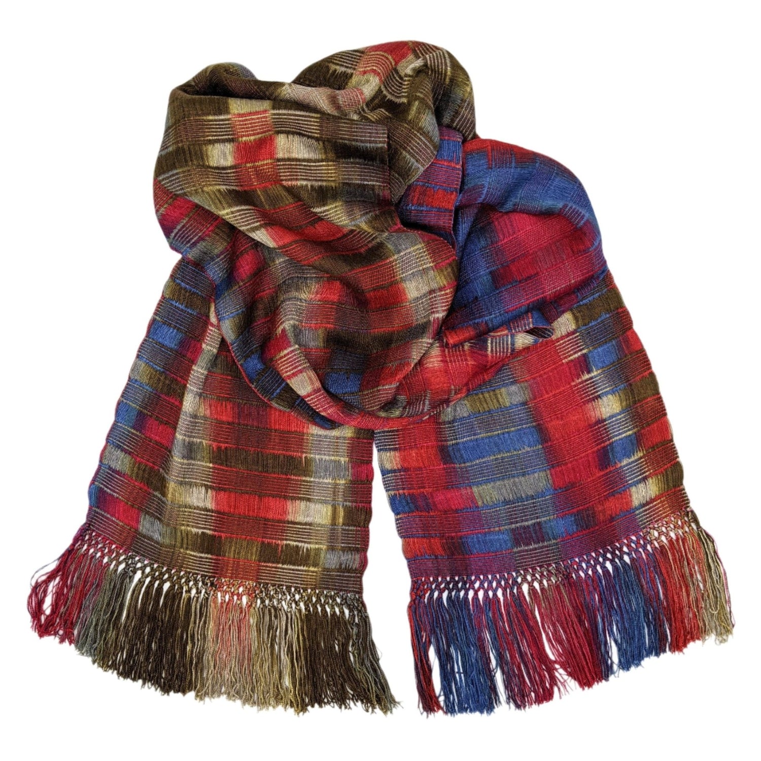 Red, Blue, Cream, and Brown Lightweight Bamboo Open - Weave Handwoven Scarf 8 x 68 - A Thread of Hope Guatemalan Fair Trade