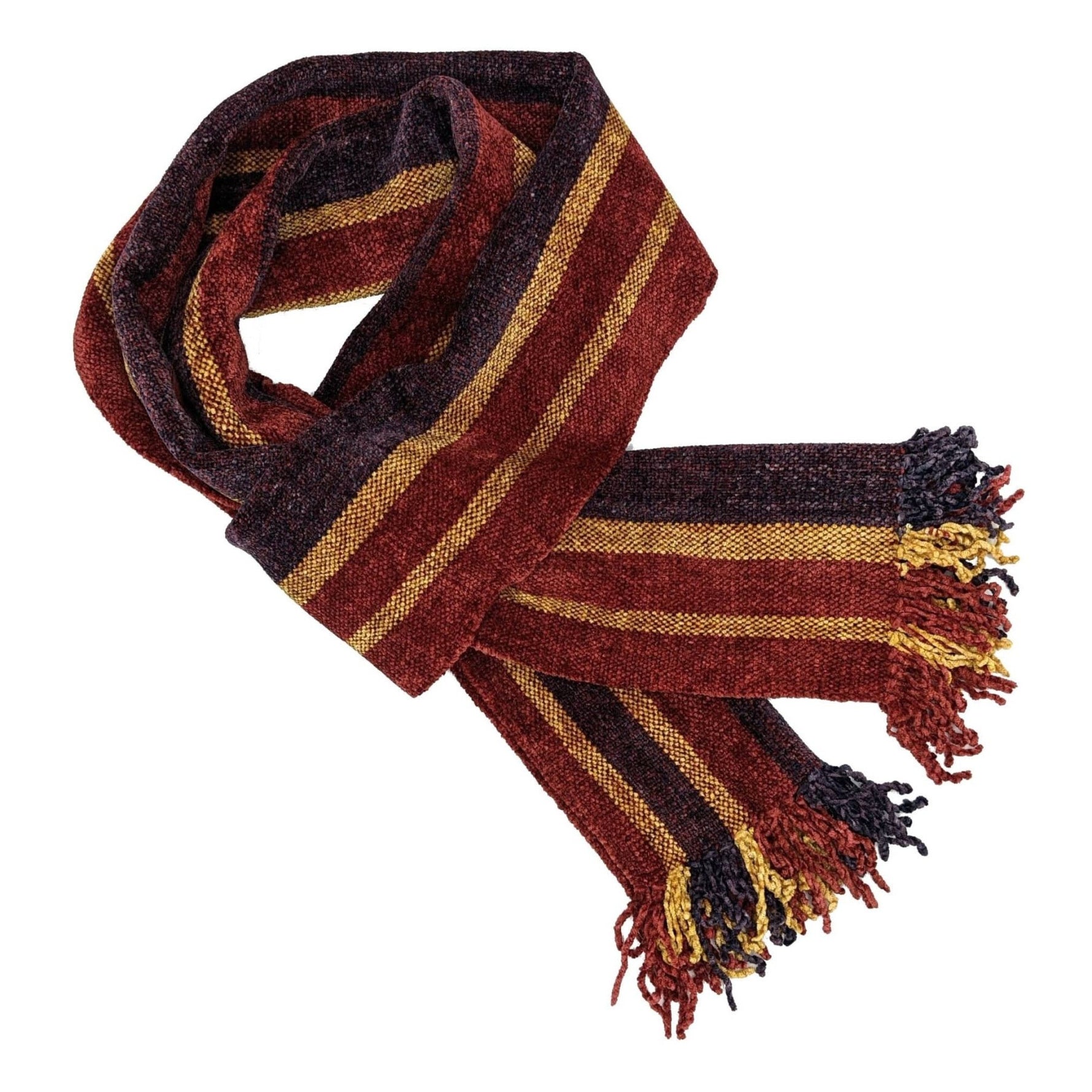 Red, Gold and Purple Striped Bamboo Chenille Handwoven Scarf 8 x 68 - A Thread of Hope Guatemalan Fair Trade