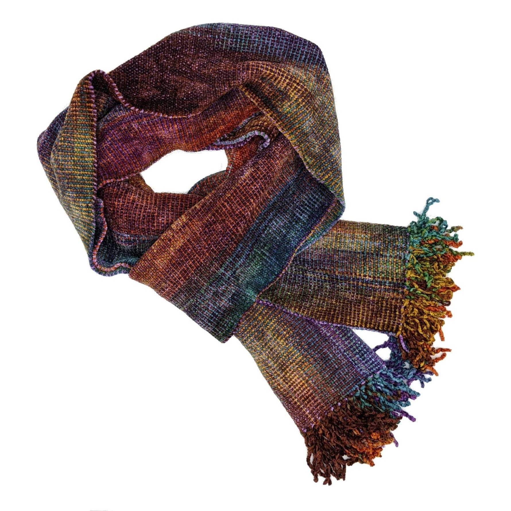 Red, Gold, Olive, Brown, Blue and Purple Bamboo Chenille Handwoven Scarf 8 x 68 - A Thread of Hope Guatemalan Fair Trade