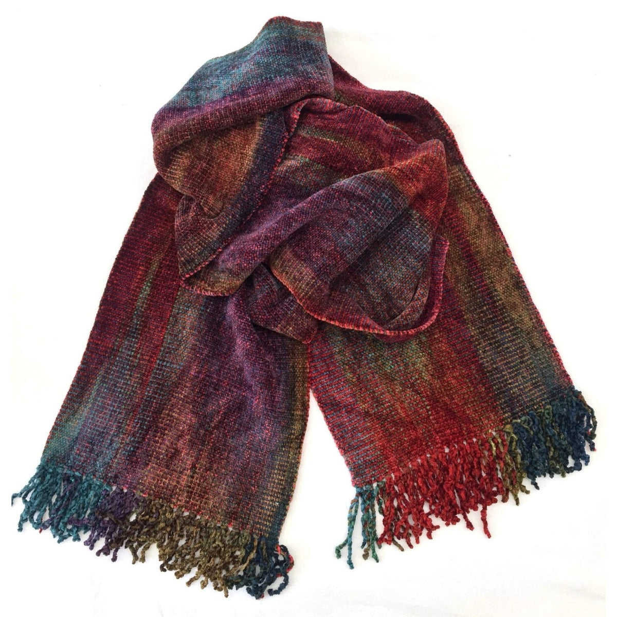 Red, Gold, Olive, Brown, Blue and Purple Bamboo Chenille Handwoven Scarf 8 x 68 - A Thread of Hope Guatemalan Fair Trade