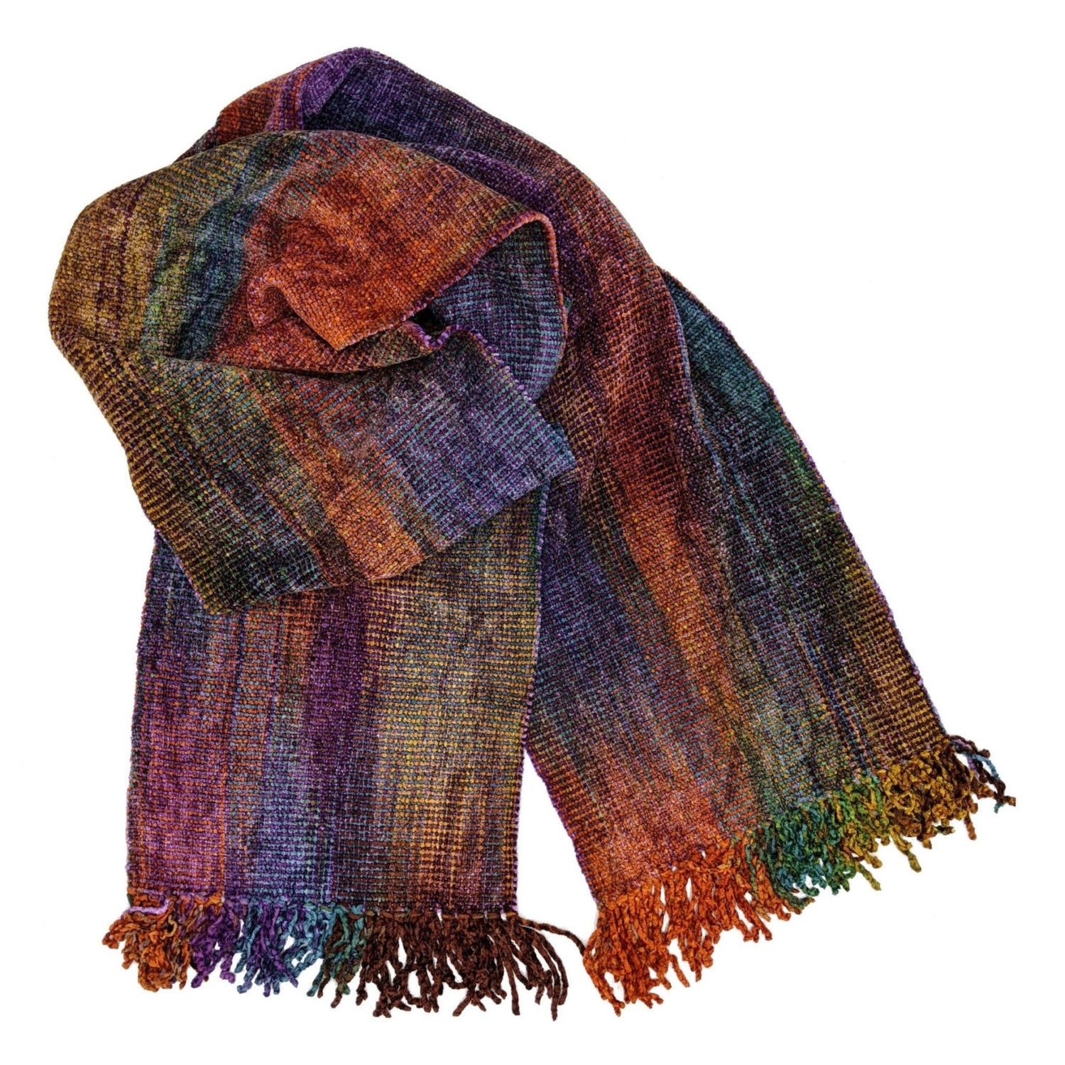 Red, Gold, Olive, Brown, Blue and Purple Bamboo Chenille Handwoven Scarf 8 x 68 - A Thread of Hope Guatemalan Fair Trade