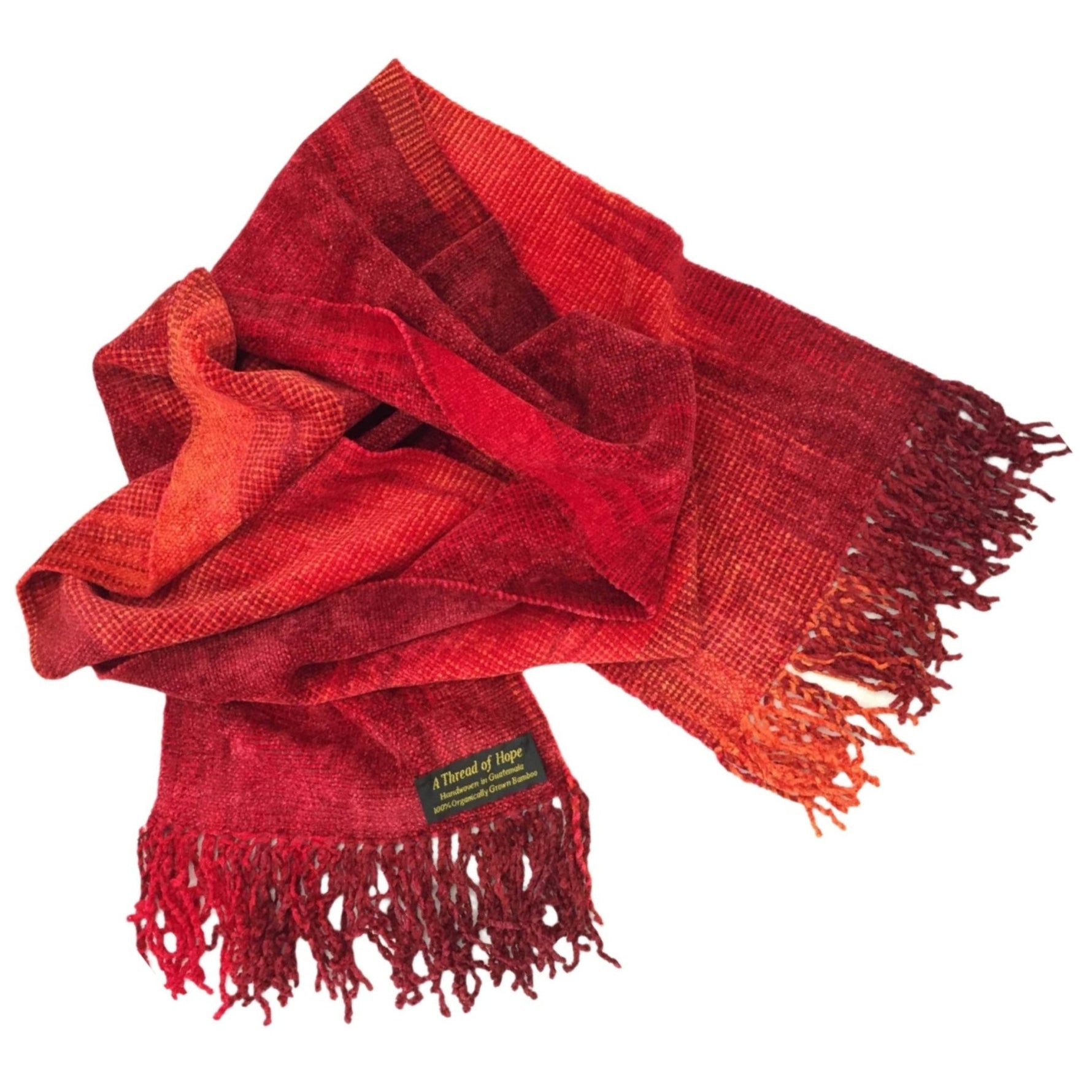 Red with Orange Bamboo Chenille Handwoven Scarf 8 x 68 - A Thread of Hope Guatemalan Fair Trade