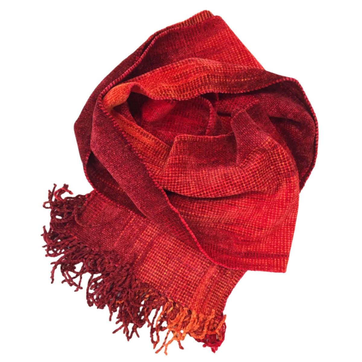 Red with Orange Bamboo Chenille Handwoven Scarf 8 x 68 - A Thread of Hope Guatemalan Fair Trade