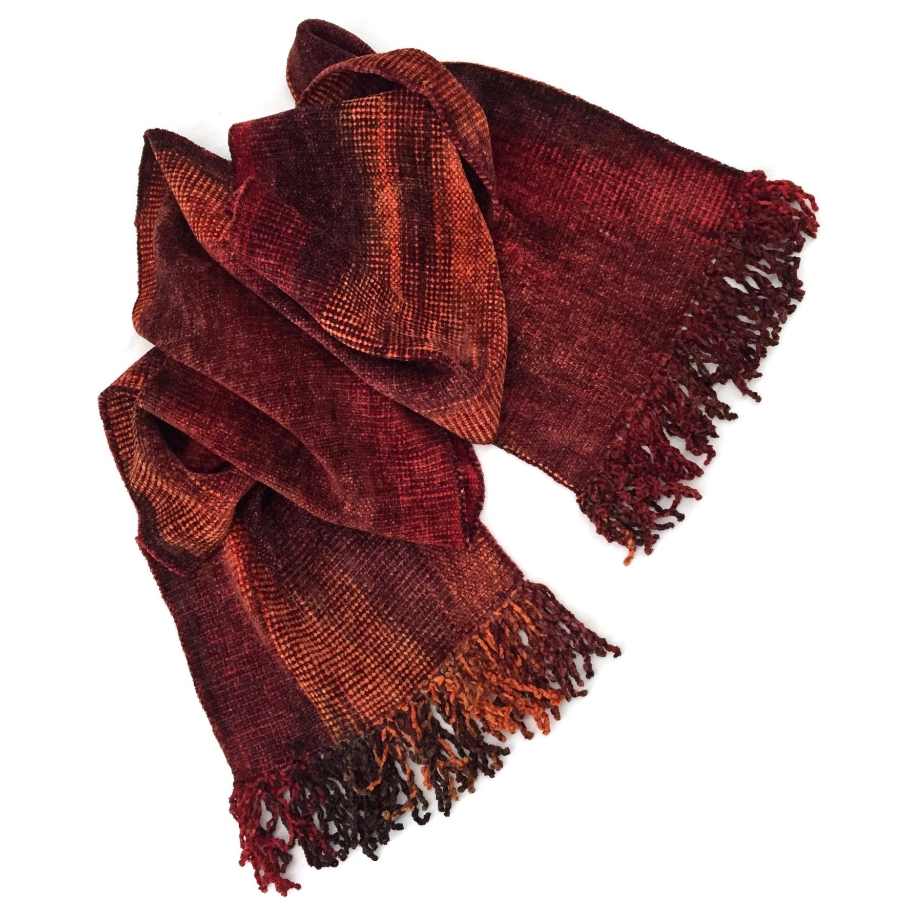 Rich Reds and Copper Bamboo Chenille Handwoven Scarf 8 x 68 - A Thread of Hope Guatemalan Fair Trade