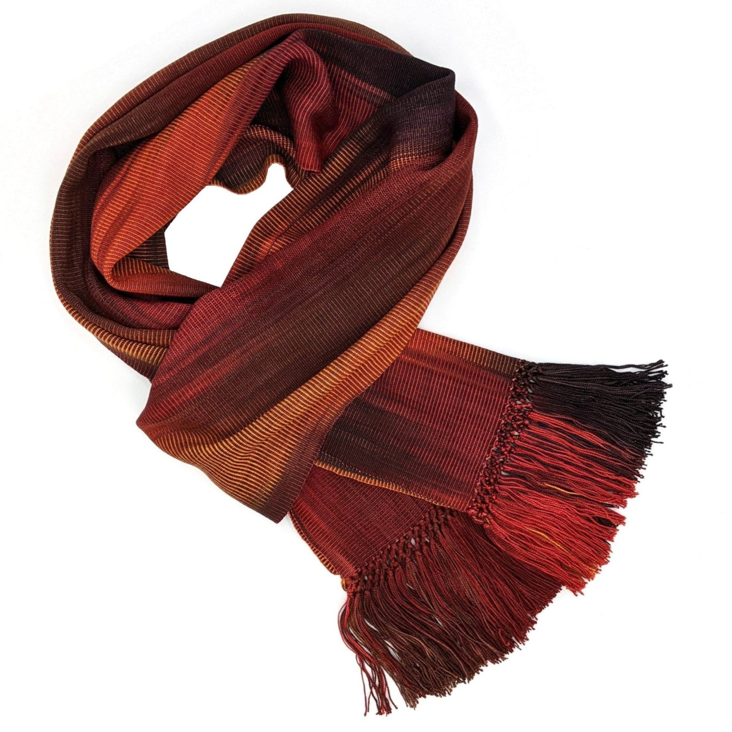 Rich Reds and Copper Lightweight Bamboo Handwoven Scarf 8 x 68 - A Thread of Hope Guatemalan Fair Trade