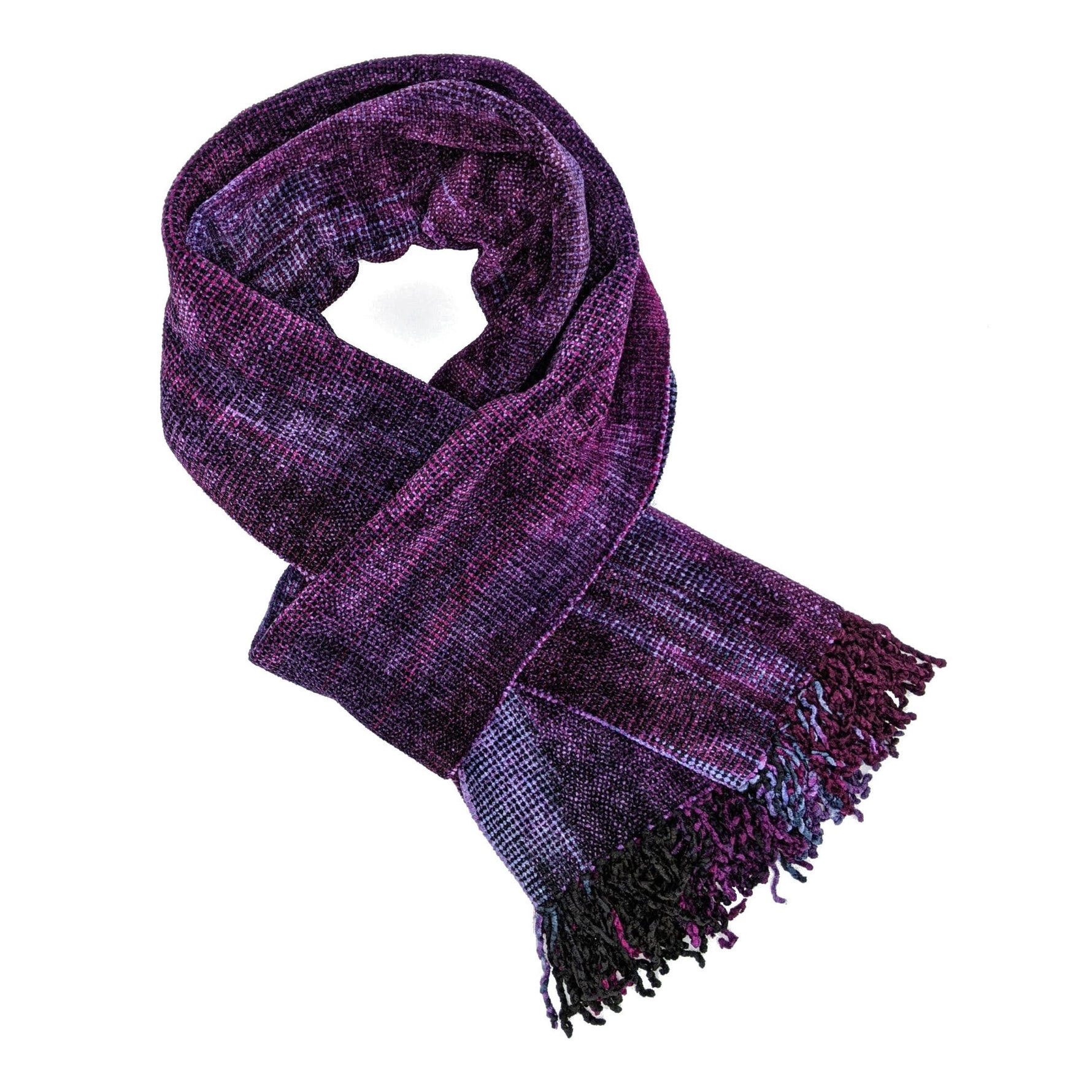 Magenta, Light Violet and Black Bamboo Chenille Handwoven Scarf 8 x 68