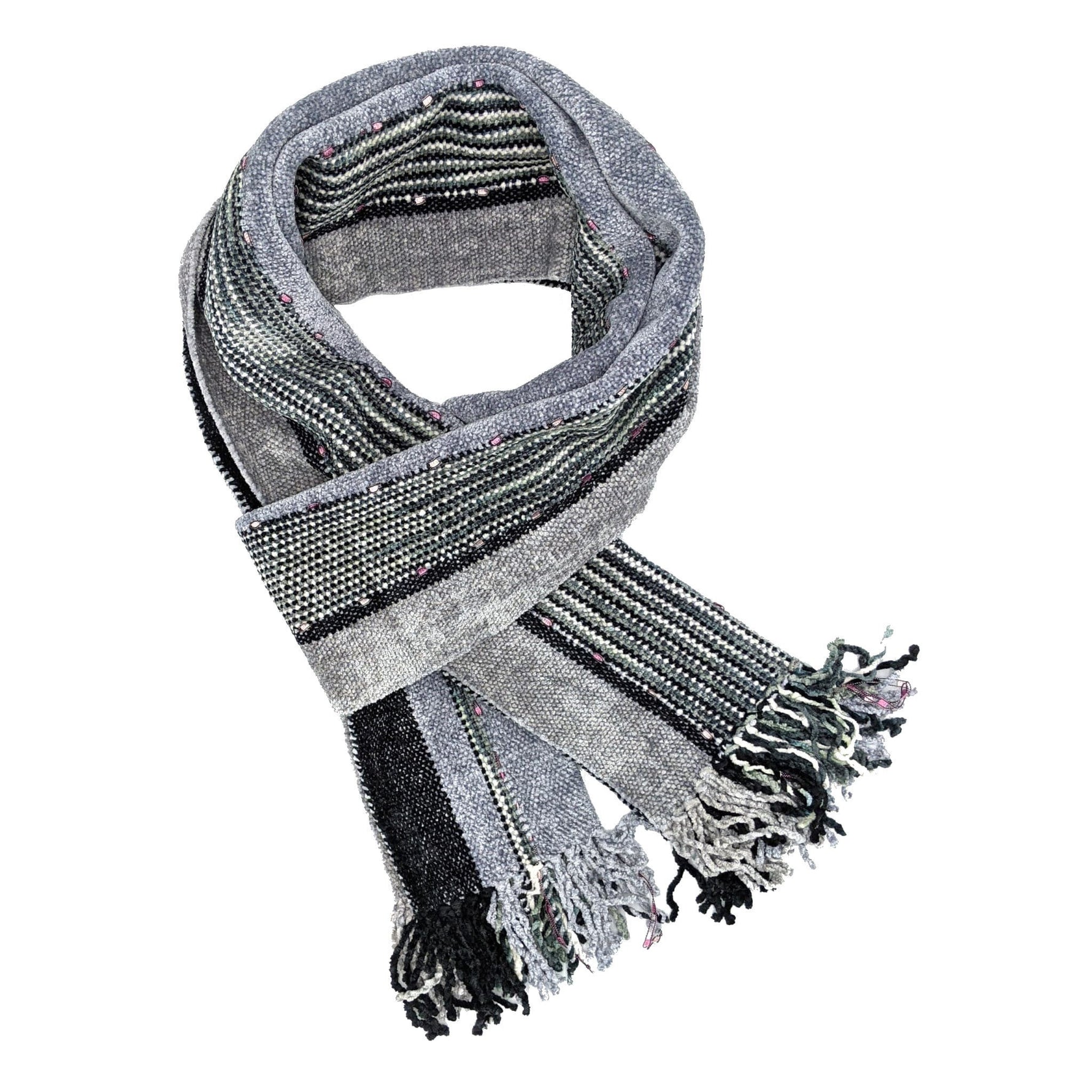 Black, Gray and White Stripes with Ornamental Yarn Accents Bamboo Chenille Handwoven Scarf 8 x 68