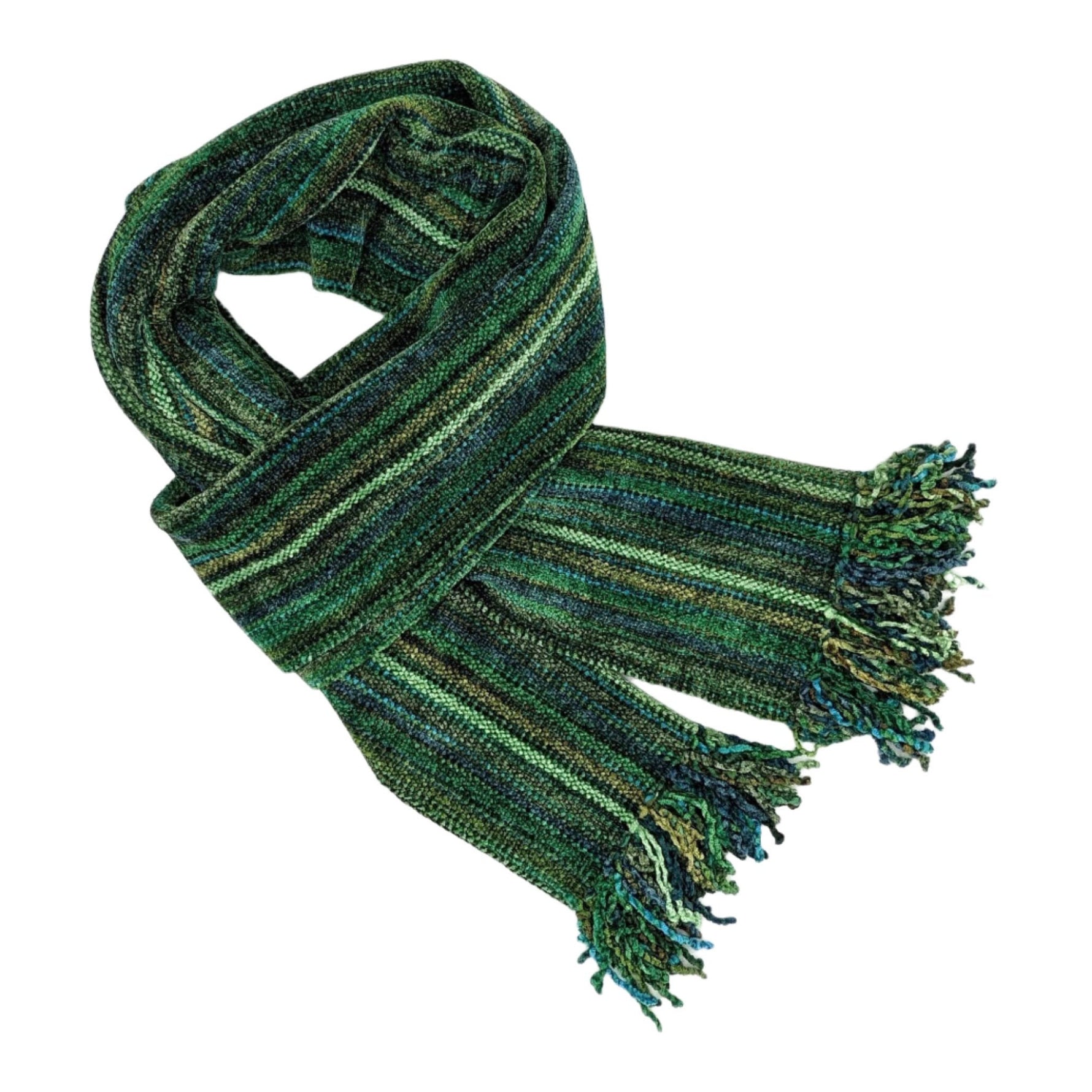 Green Micro Stripes Bamboo Chenille Handwoven Scarf 8 x 68