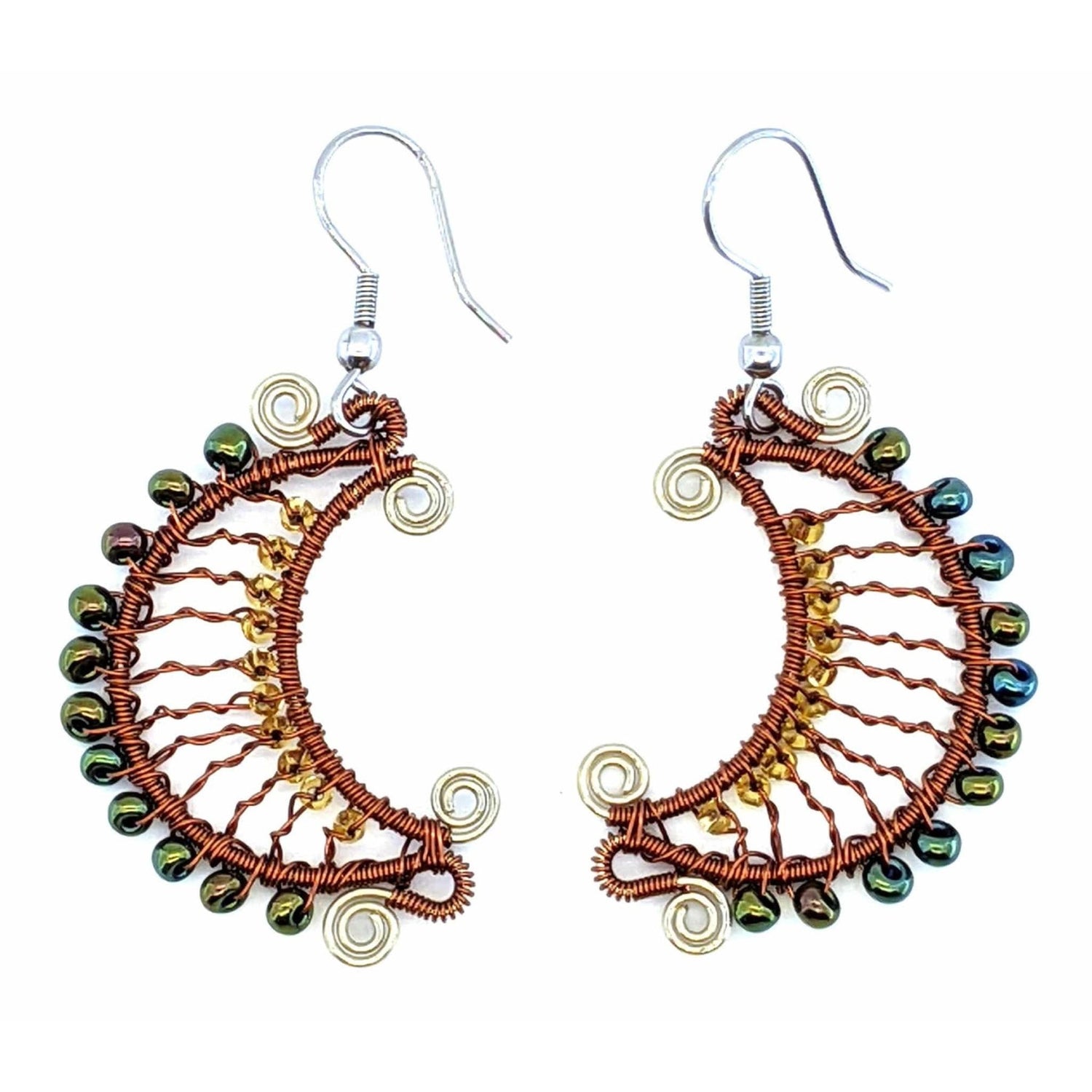 Sophisticated Autumn (Copper and Iridescent Green) Crescent Moon Beaded Earrings - A Thread of Hope Guatemalan Fair Trade