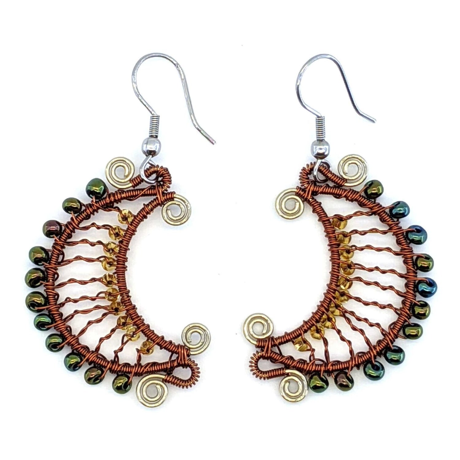 Sophisticated Autumn (Copper and Iridescent Green) Crescent Moon Beaded Earrings - A Thread of Hope Guatemalan Fair Trade