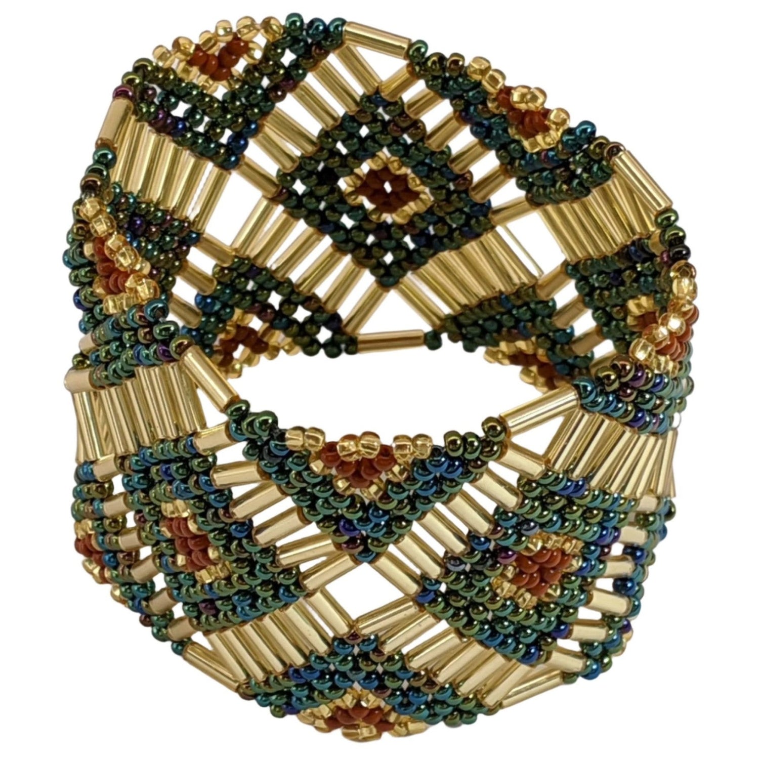 Sophisticated Autumn with Gold Beaded Elastic Geometric Cuff - A Thread of Hope Guatemalan Fair Trade