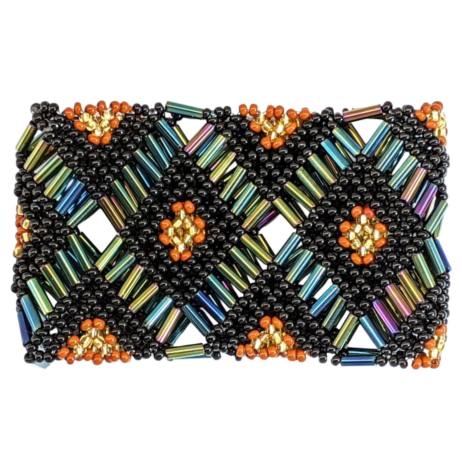 Sophisticated Autumn with Iridescent Green Beaded Elastic Geometric Cuff - A Thread of Hope Guatemalan Fair Trade