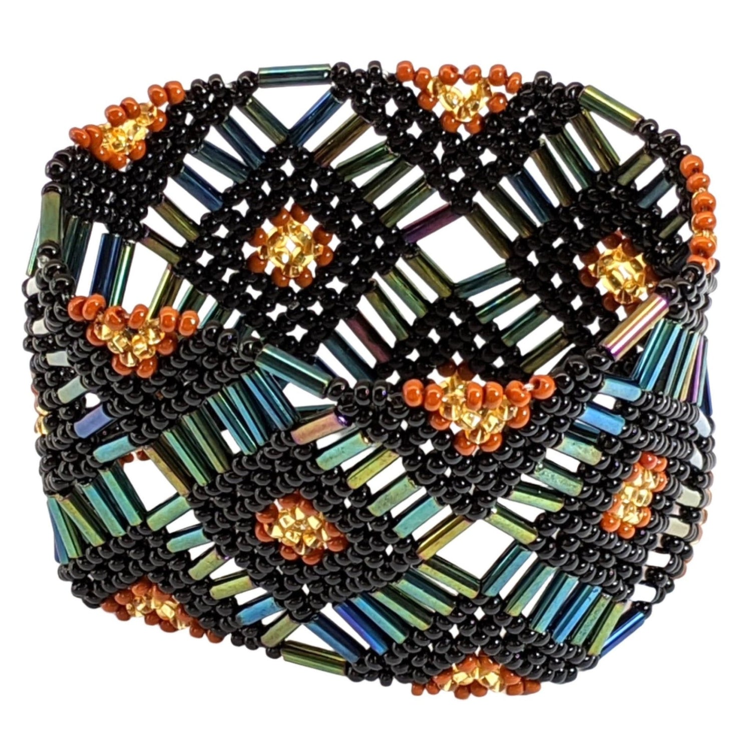 Sophisticated Autumn with Iridescent Green Beaded Elastic Geometric Cuff - A Thread of Hope Guatemalan Fair Trade