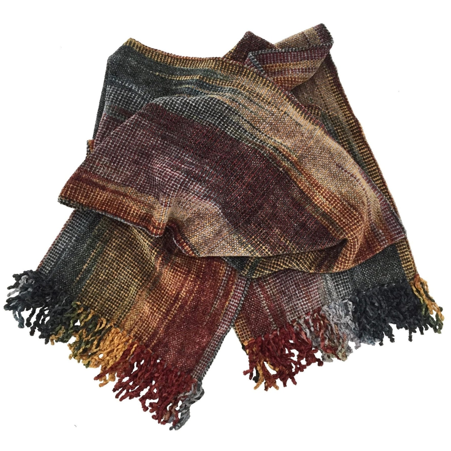 Southwest (Gold, Burgundy, Black, White and Gray) Bamboo Chenille Handwoven Scarf 8 x 68 - A Thread of Hope Guatemalan Fair Trade