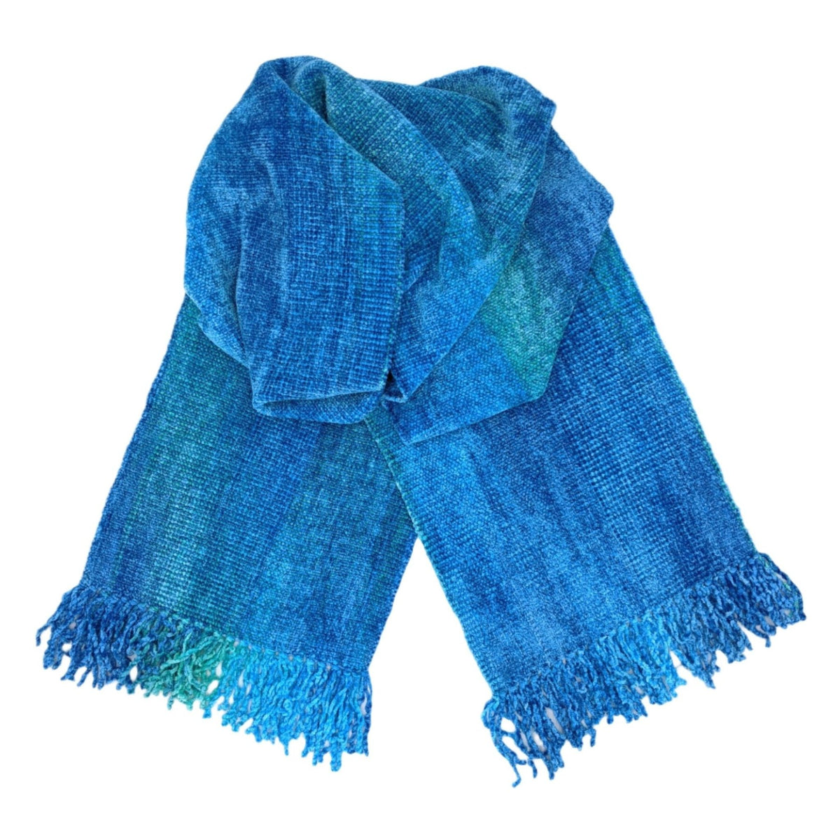 Turquoise and Celestial Blues Bamboo Chenille Scarf 8 x 68 - A Thread of Hope Guatemalan Fair Trade