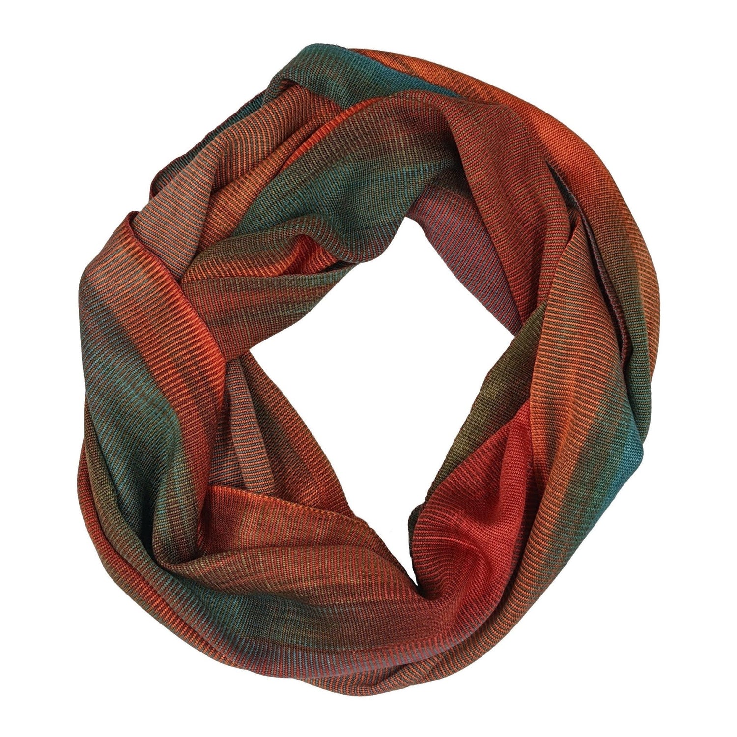 Turquoise and Coral Lightweight Bamboo Handwoven Infinity Scarf 11 x 68 - A Thread of Hope Guatemalan Fair Trade