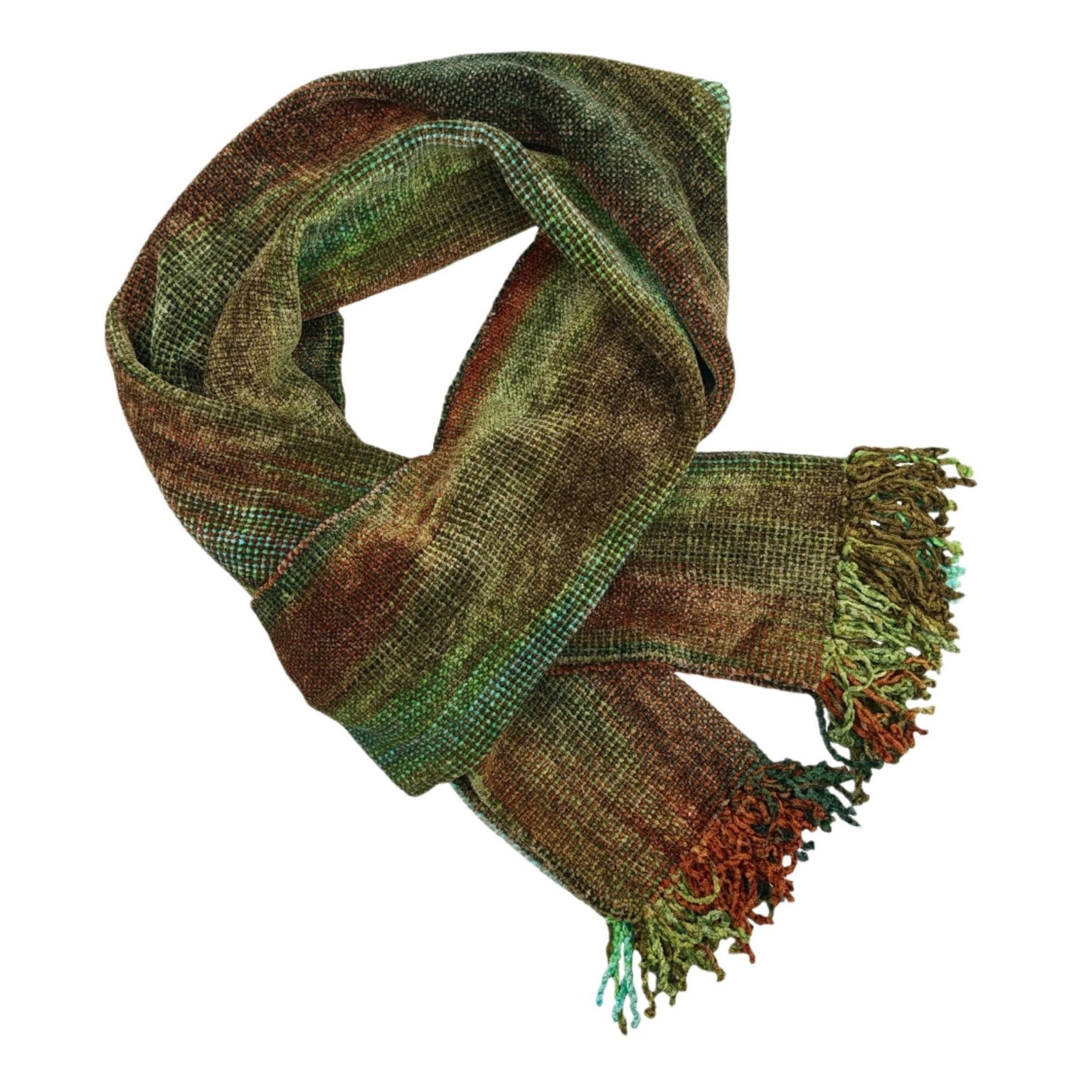 Turquoise, Brick, Green, and Brown Bamboo Chenille Handwoven Scarf 8 x 68 - A Thread of Hope Guatemalan Fair Trade