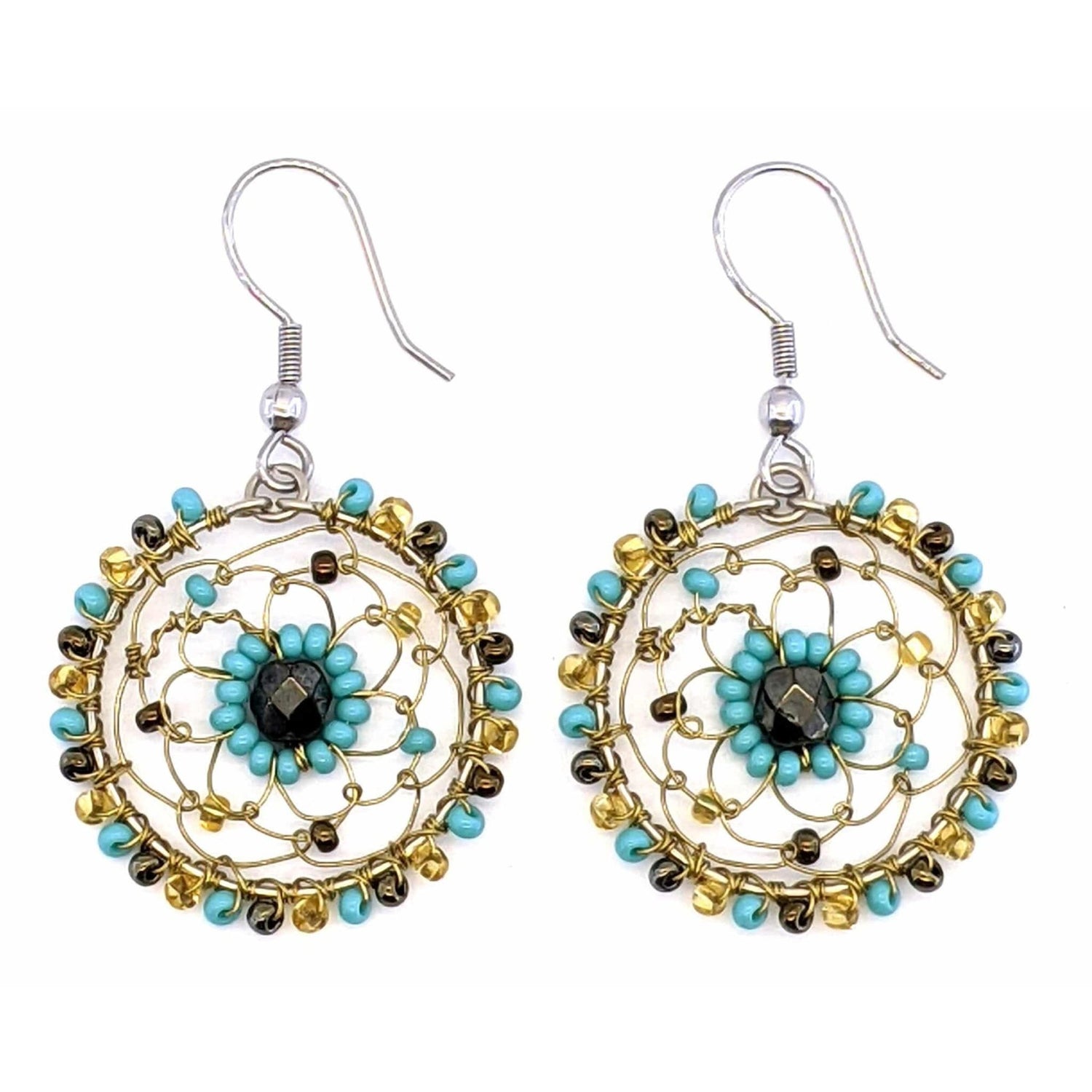 Turquoise, Bronze and Gold Olivia Dreamcatcher Beaded Earrings - A Thread of Hope Guatemalan Fair Trade