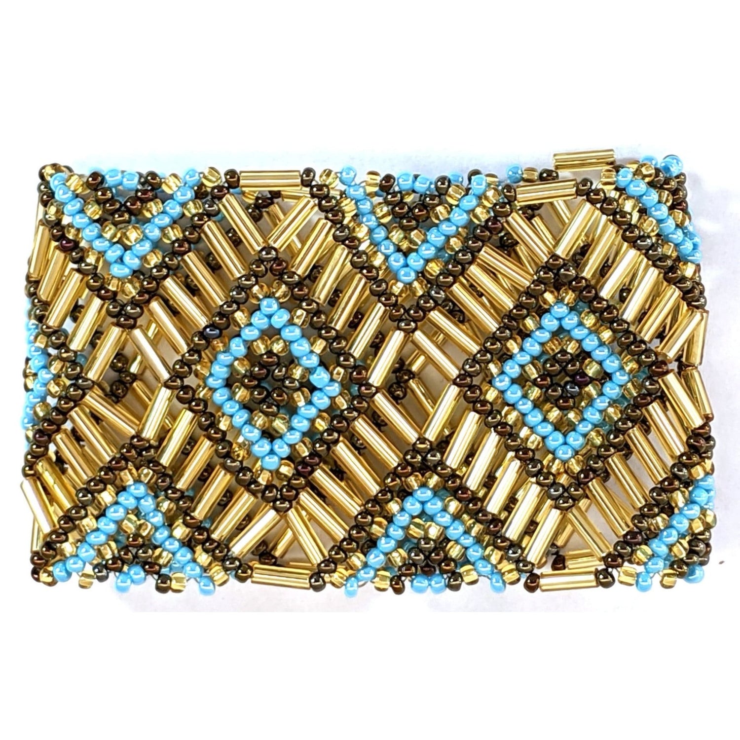 Turquoise, Copper and Gold Beaded Elastic Geometric Cuff - A Thread of Hope Guatemalan Fair Trade