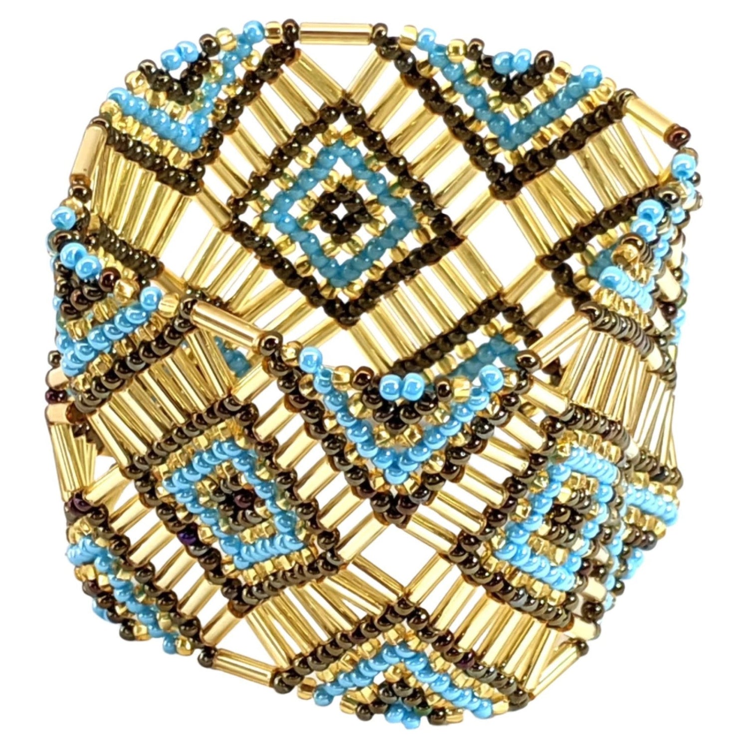 Turquoise, Copper and Gold Beaded Elastic Geometric Cuff - A Thread of Hope Guatemalan Fair Trade