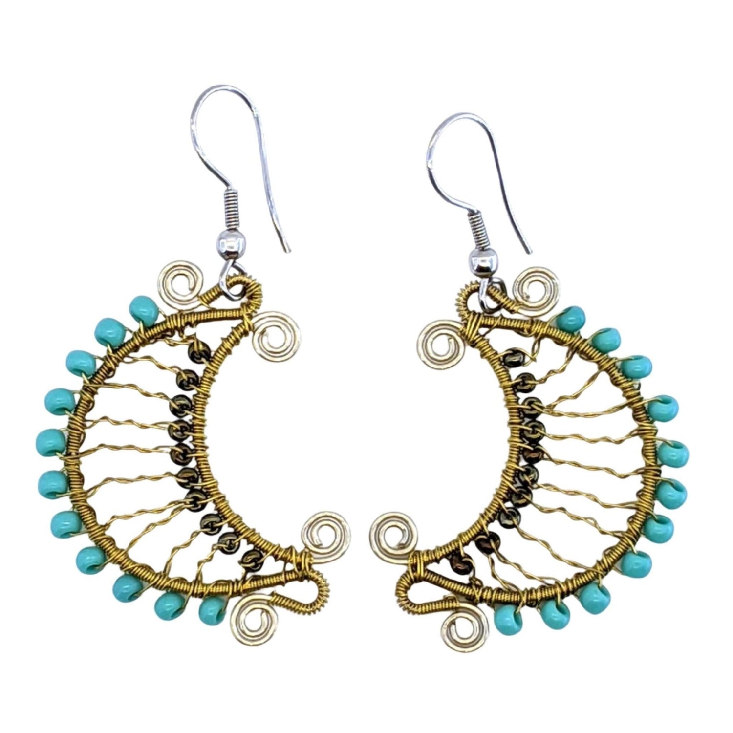 Turquoise, Copper and Gold Crescent Moon Beaded Earrings - A Thread of Hope Guatemalan Fair Trade