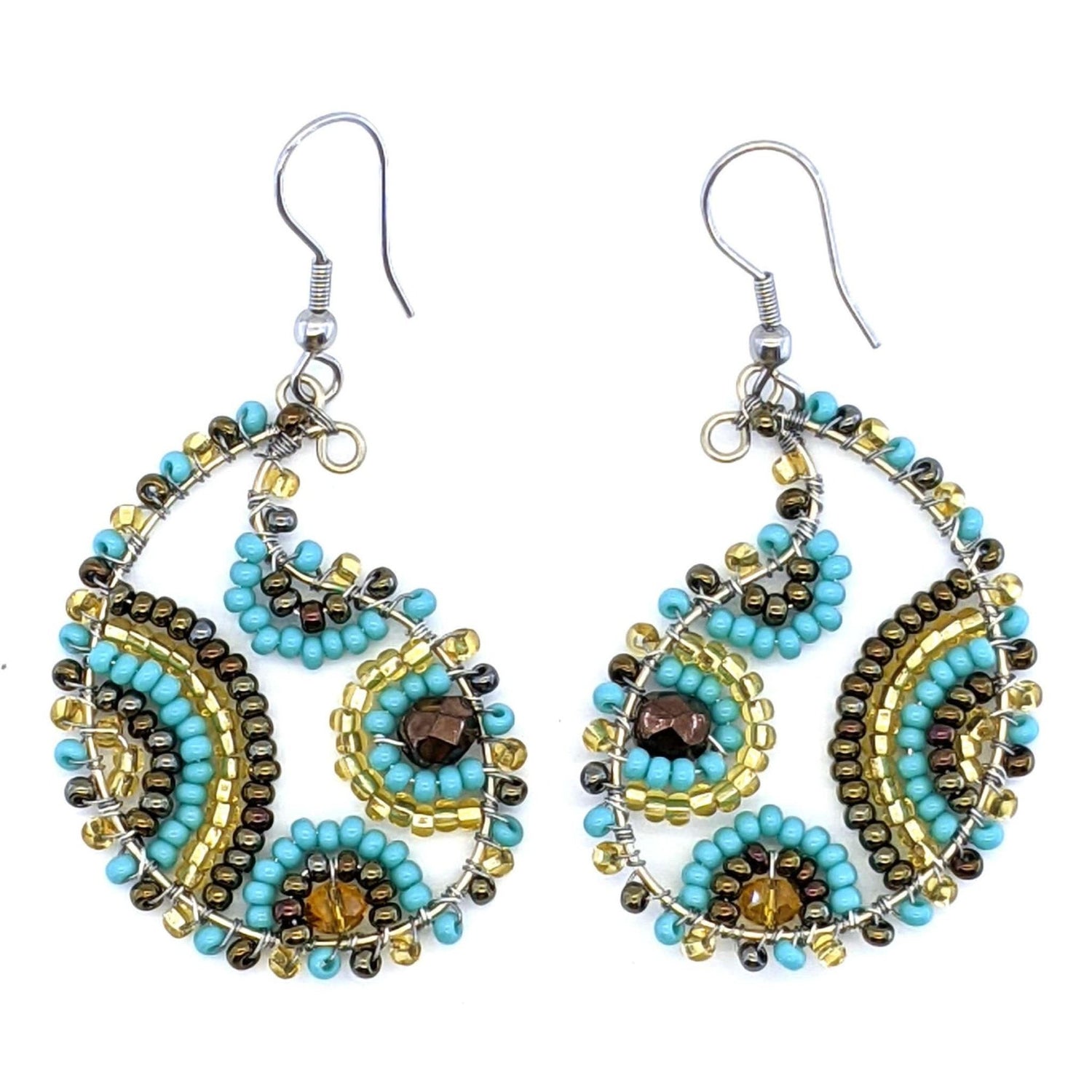 Turquoise, Copper and Gold Paisley Beaded Earrings - A Thread of Hope Guatemalan Fair Trade