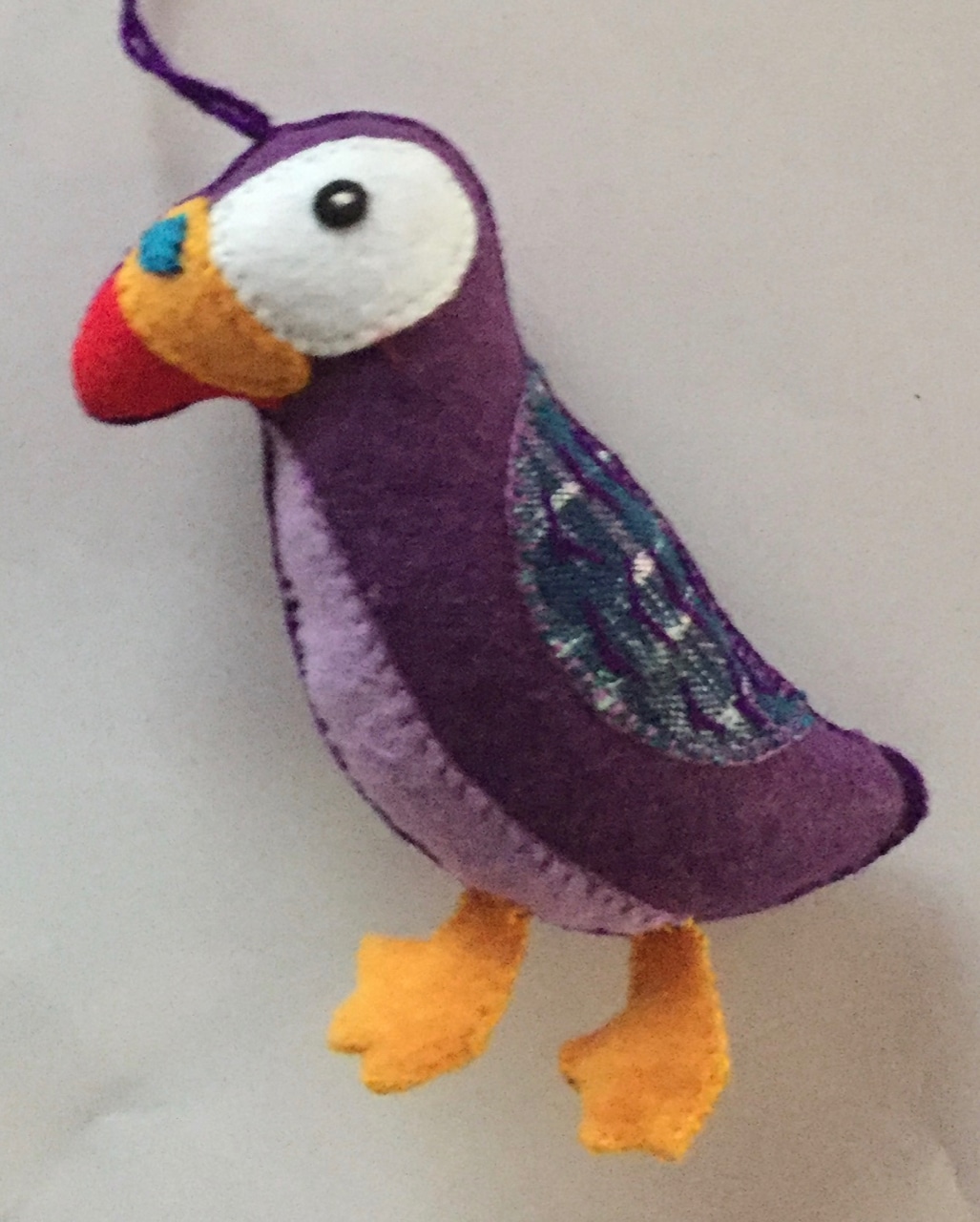 Puffin Ornament - Felt and Repurposed Traditional Fabric