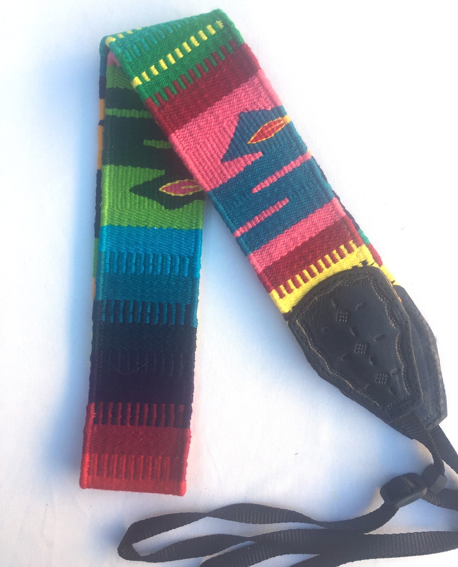 Handwoven Cotton and Leather Camera Strap - Brights with Serpent Design