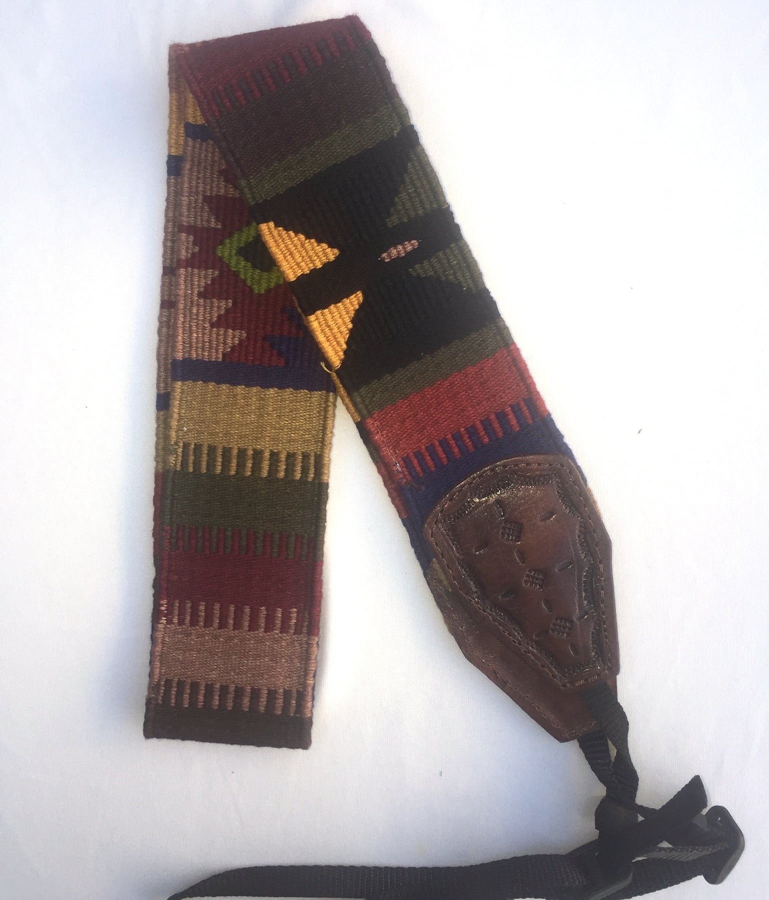 Handwoven Cotton and Leather Camera Strap - Earth Tones with Butterfly and Diamond Patterns