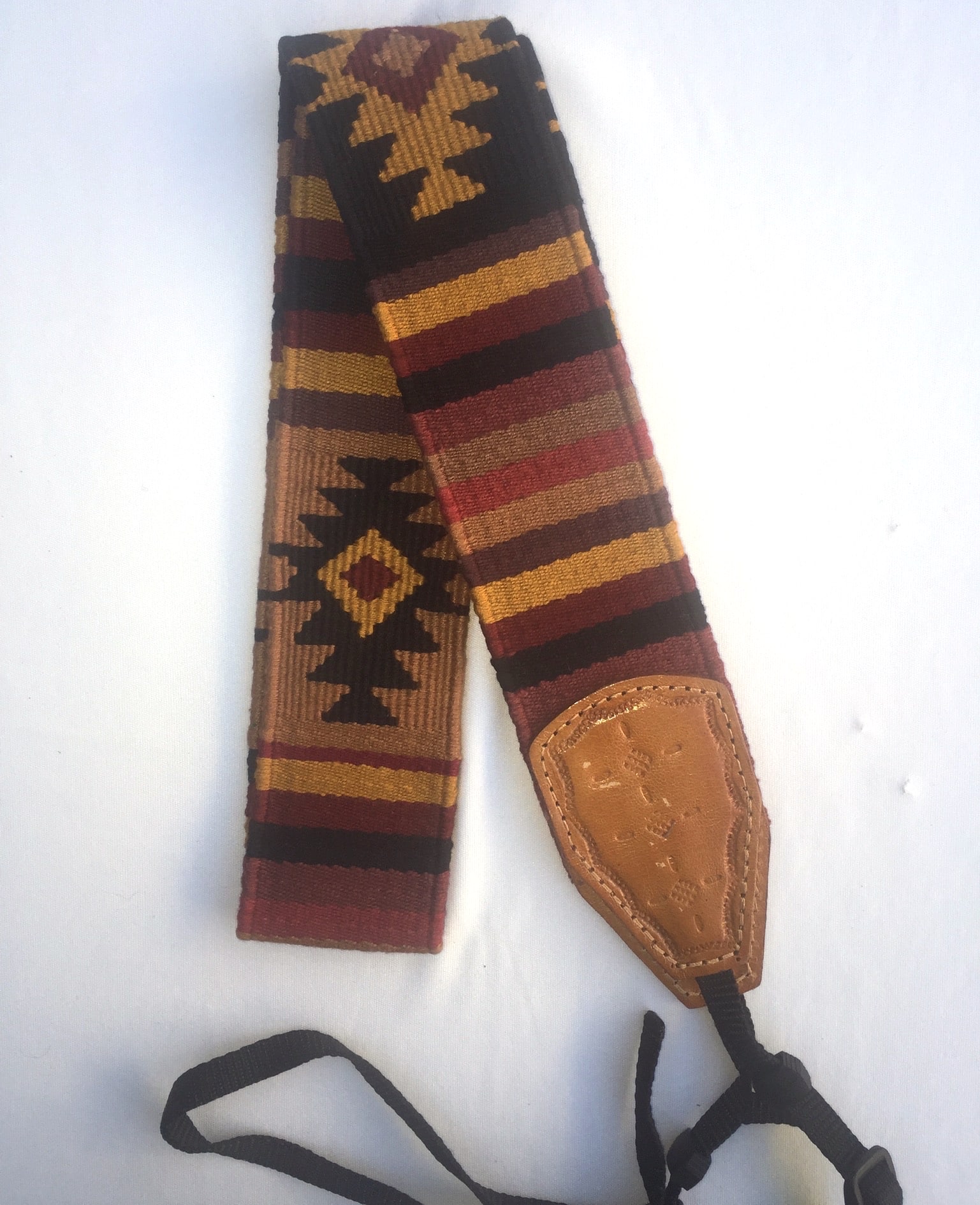 Handwoven Cotton and Leather Camera Strap - Earth Tones with Diamond Geometric Pattern