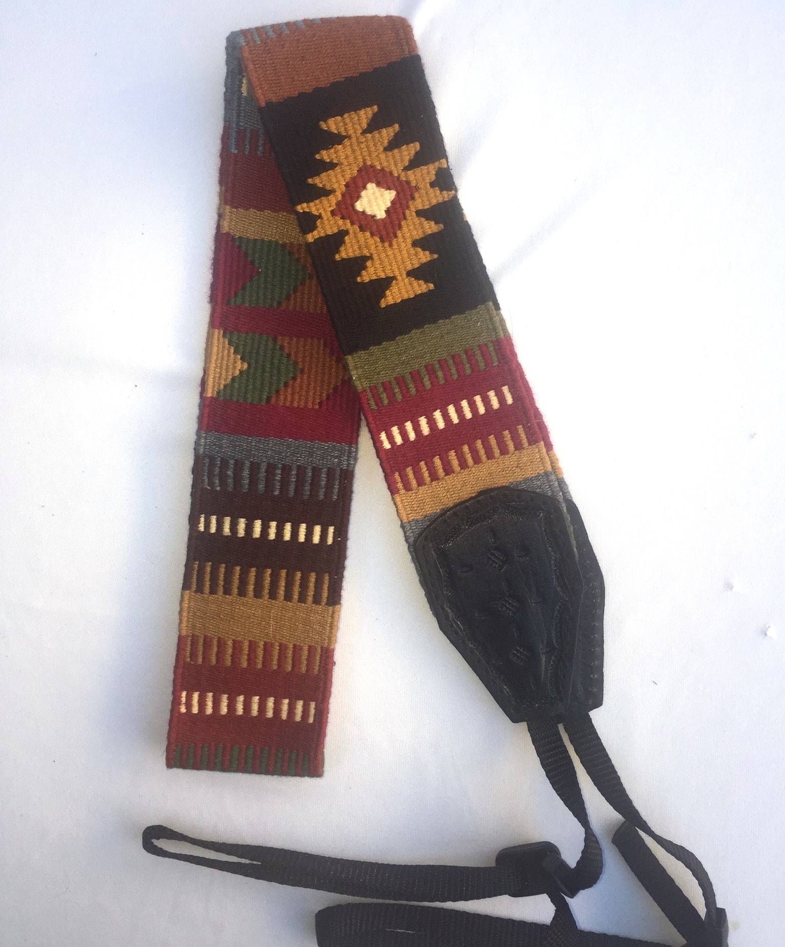 Handwoven Cotton and Leather Camera Strap - Earth Tones with Diamonds and Arrows Pattern