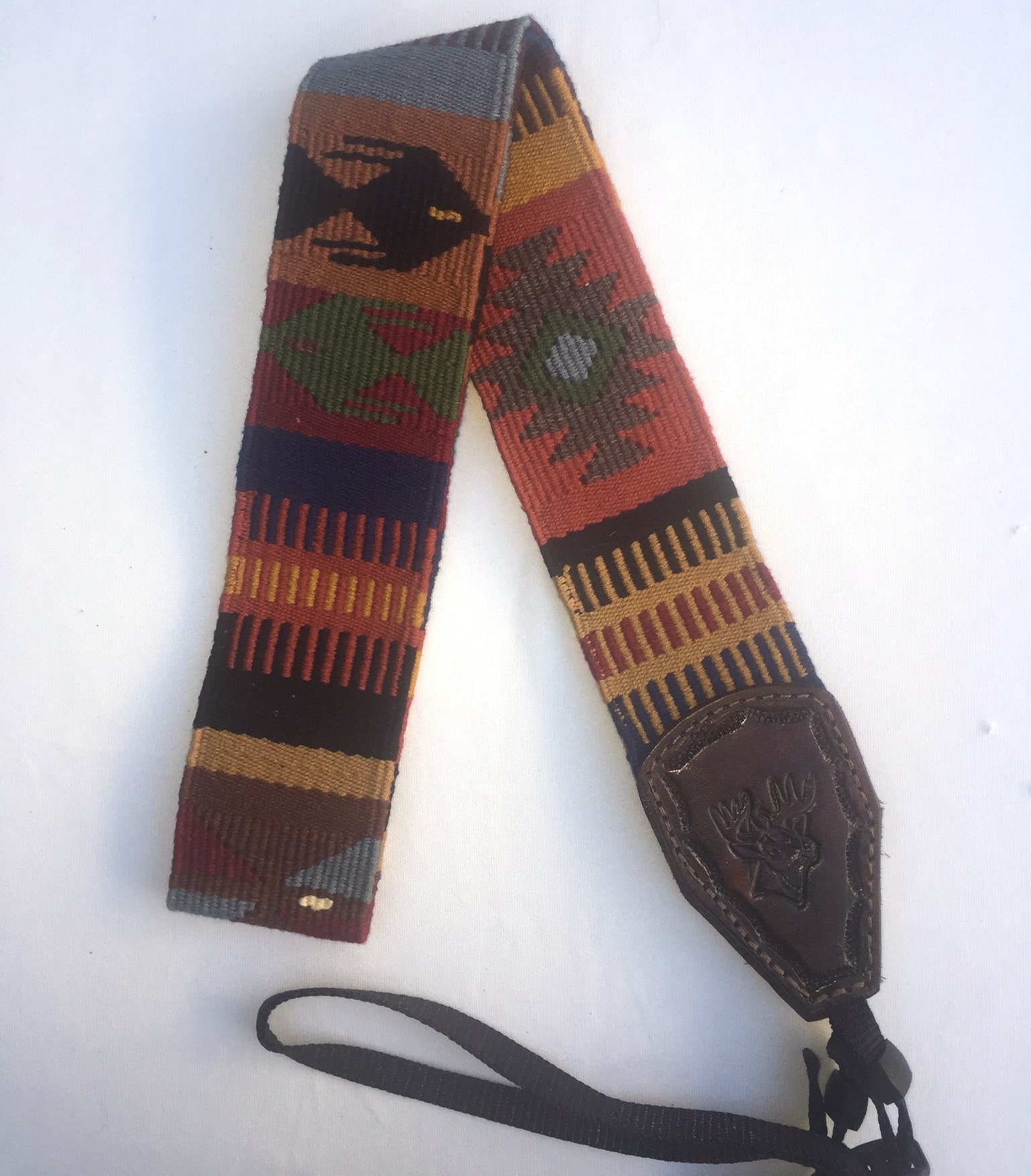 Handwoven Cotton and Leather Camera Strap - Earth Tones with Fish, Butterfly and Geometric Diamond Patterns