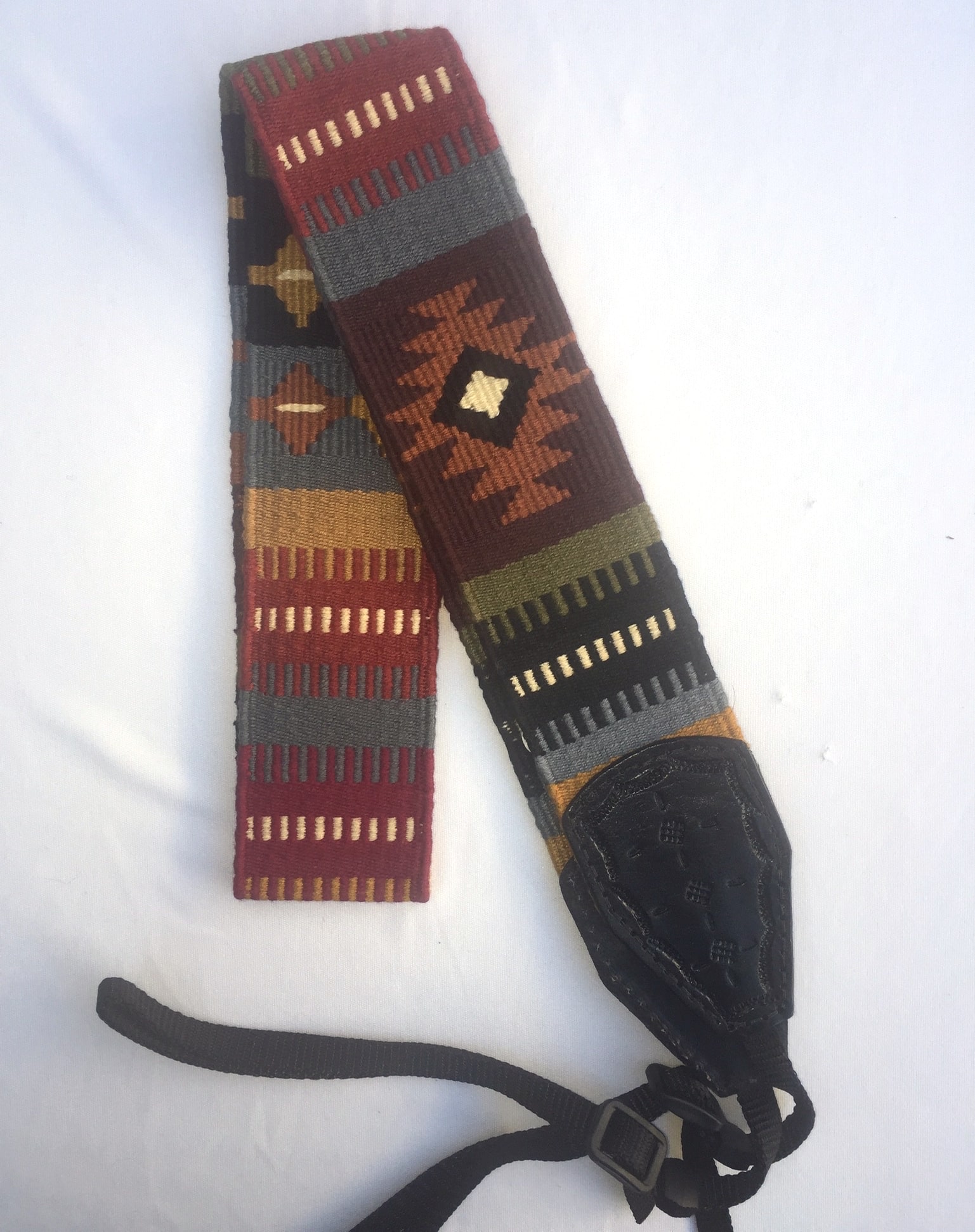 Handwoven Cotton and Leather Camera Strap - Earth Tones with Geometric Diamond Patterns