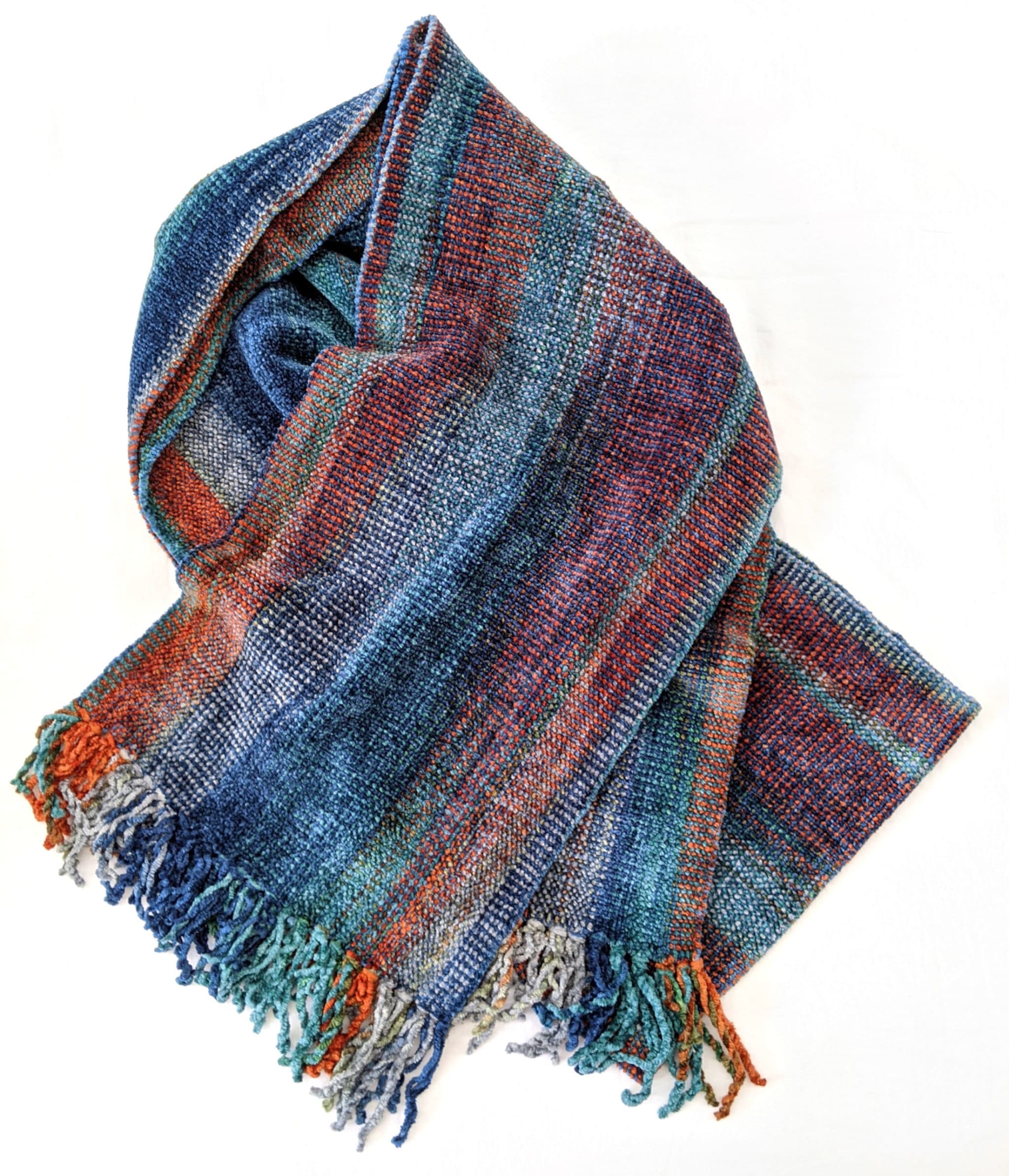 Blue, Orange and Gray Bamboo Chenille Handwoven Scarf 8 x 68