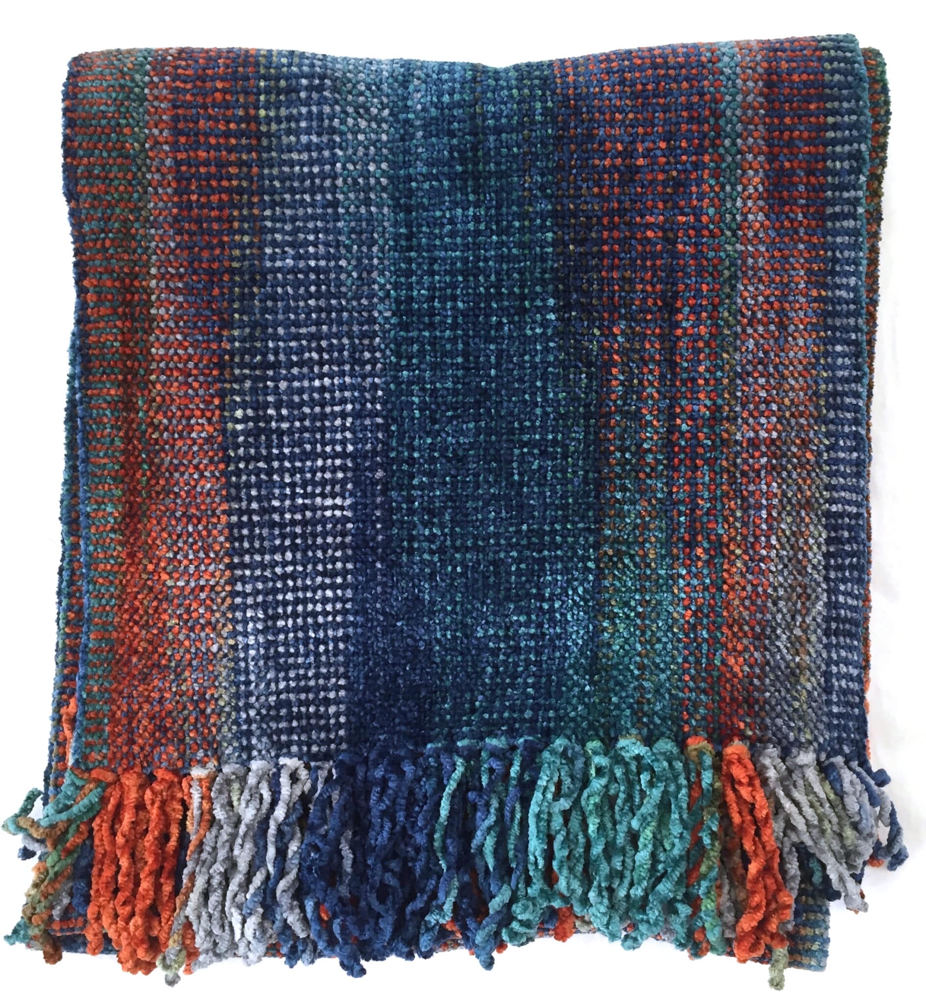 Blue, Orange and Gray Bamboo Chenille Handwoven Scarf 8 x 68