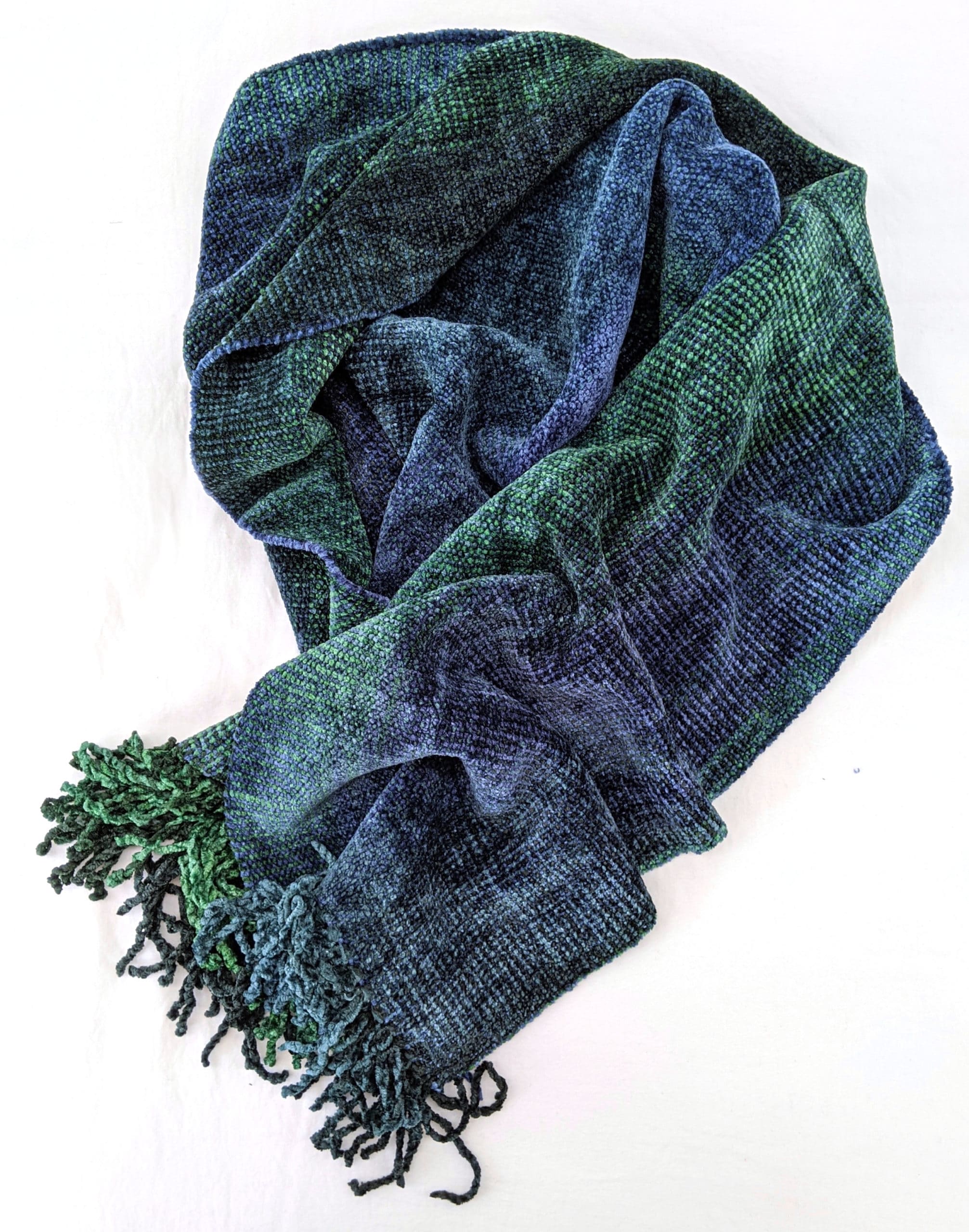 Emerald Green and Sapphire Blue Bamboo Chenille Handwoven Scarf 8 x 68