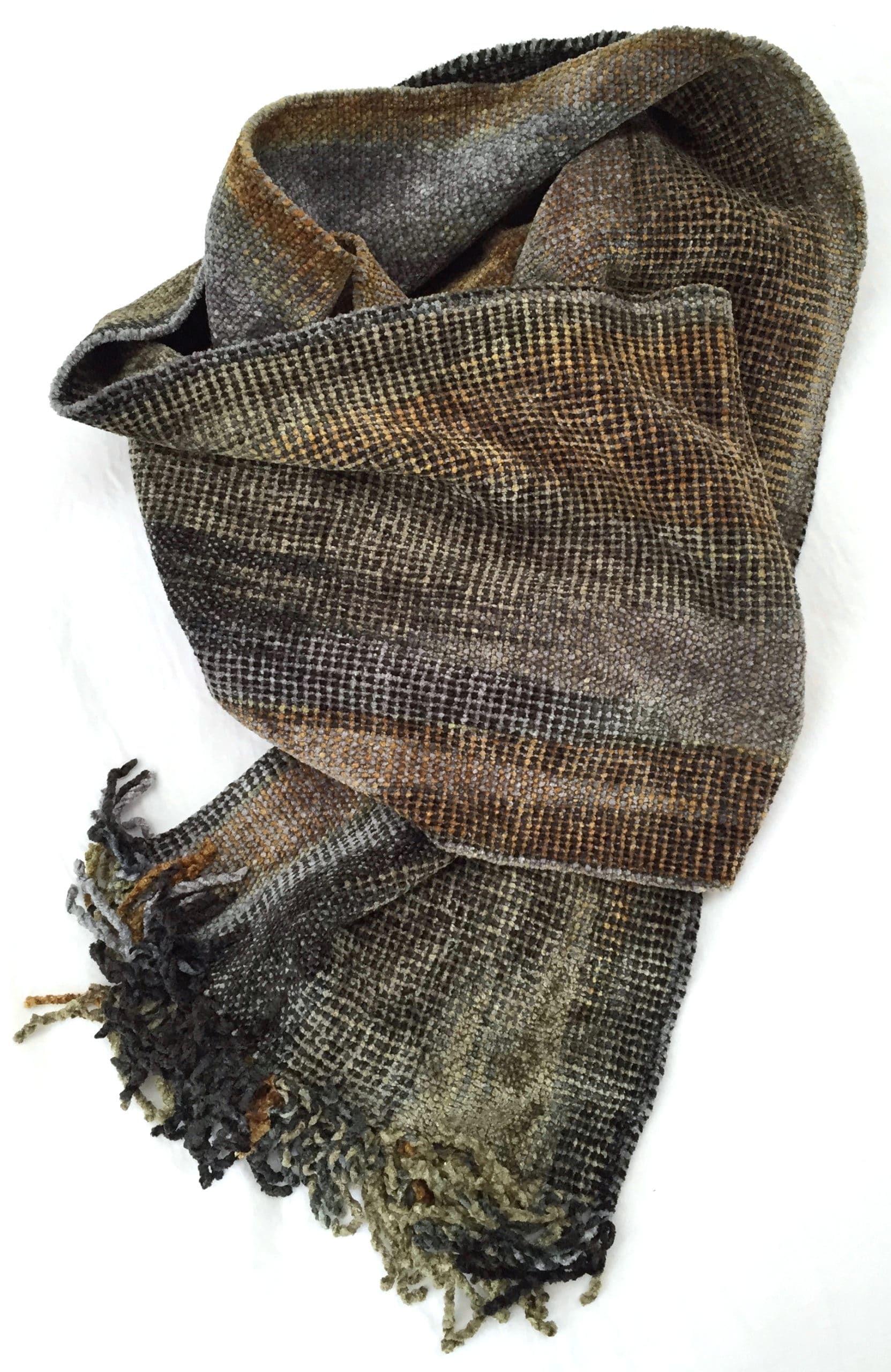Gray, Gold and Black Bamboo Chenille Handwoven Scarf 8 x 68